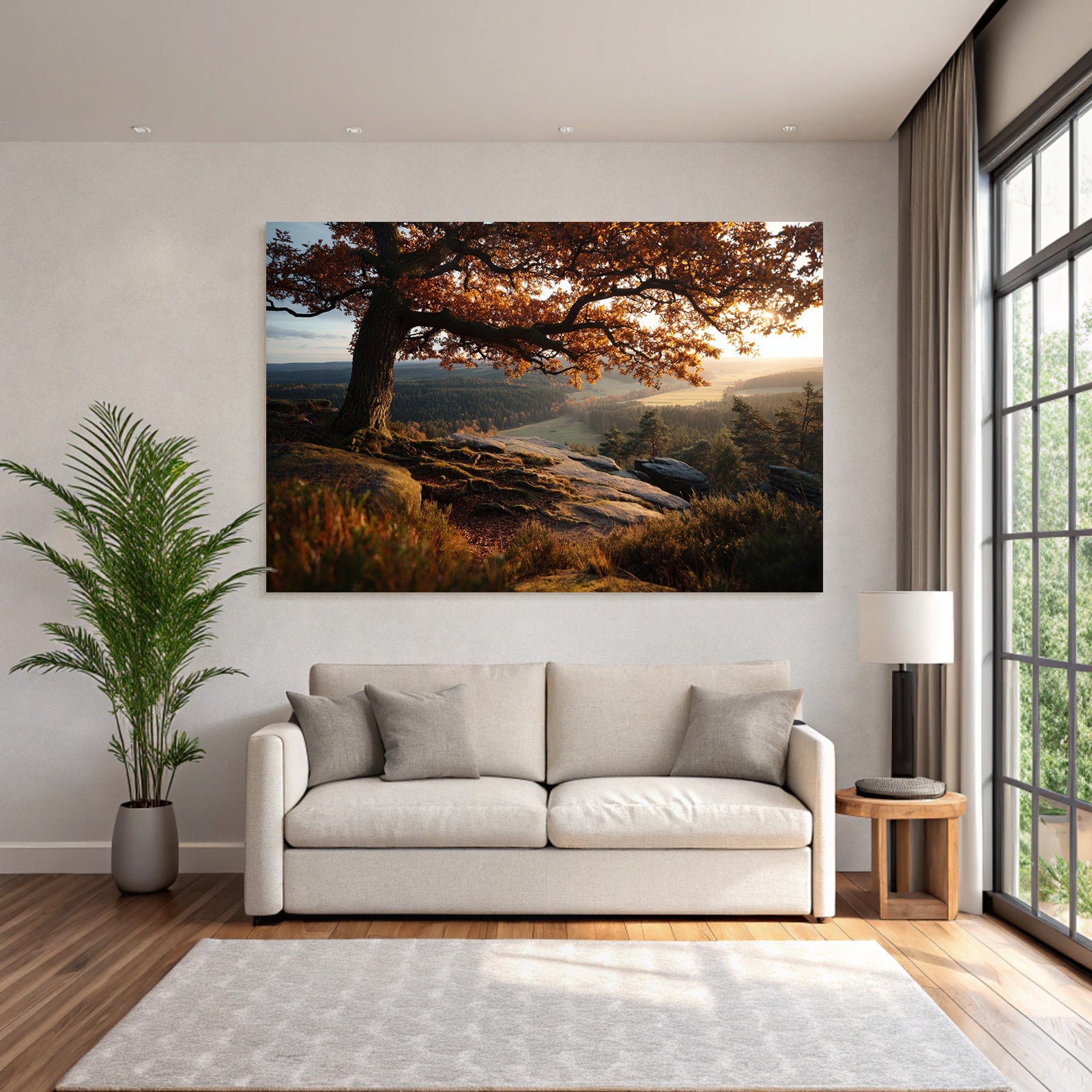 Landschaft Mit Baum Und Hügel Sonnenaufgang Oder Sonnenuntergang