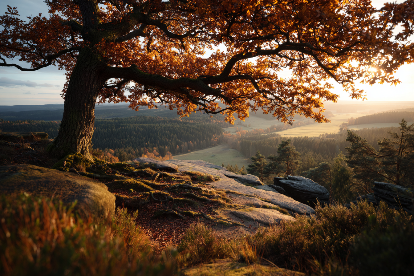 Landschaft Mit Baum Und Hügel Sonnenaufgang Oder Sonnenuntergang | Herbst | Jahreszeiten