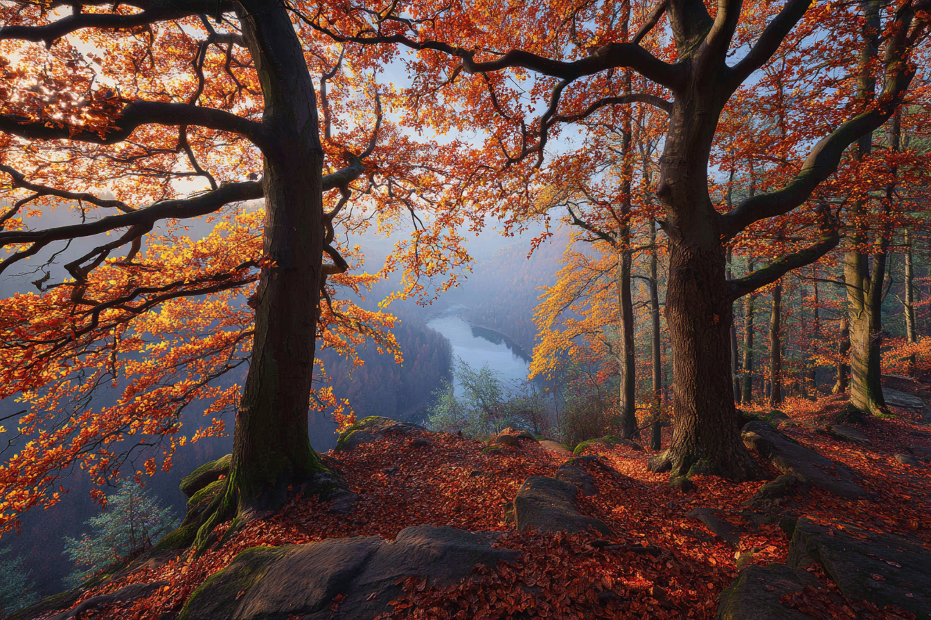 Landschaft Mit Baumfärbung Und Fluss | Herbst | Jahreszeiten