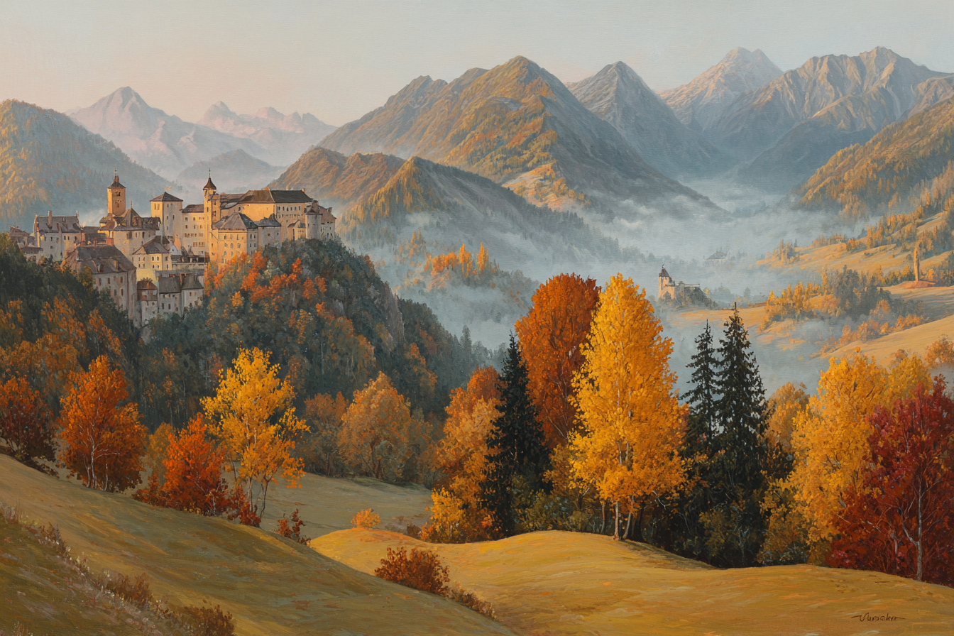 Landschaft Mit Bergen Und Dorf | Herbst | Jahreszeiten