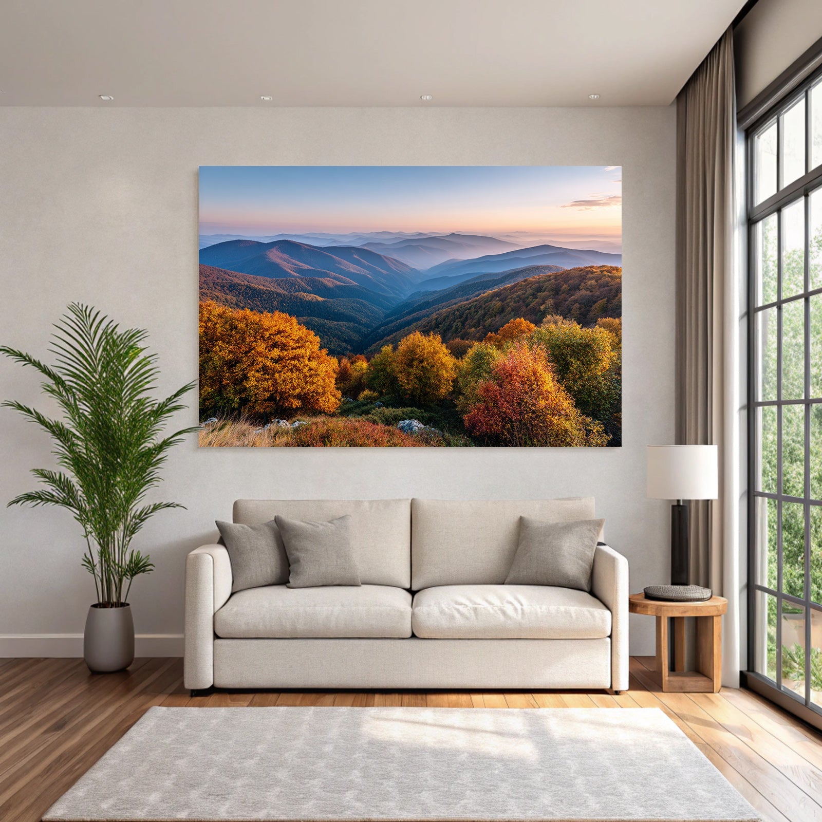 Landschaft Mit Bergkulisse Orange Und Gelbe Bäume Sonnenaufgang Oder Sonnenuntergang