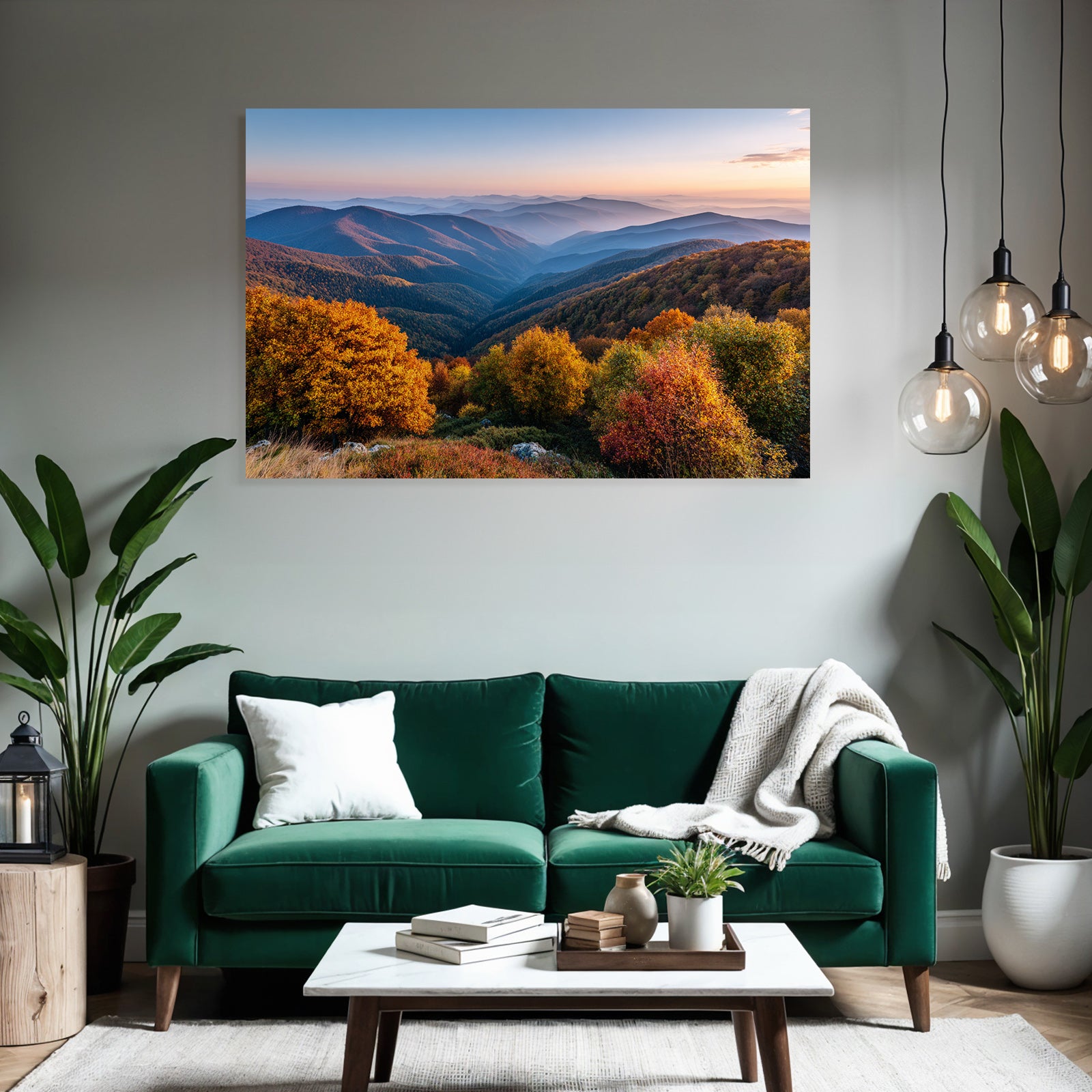 Landschaft Mit Bergkulisse Orange Und Gelbe Bäume Sonnenaufgang Oder Sonnenuntergang