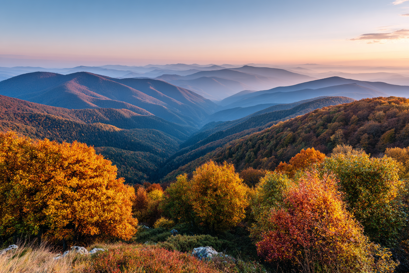 Landschaft Mit Bergkulisse Orange Und Gelbe Bäume Sonnenaufgang Oder Sonnenuntergang | Herbst | Jahreszeiten