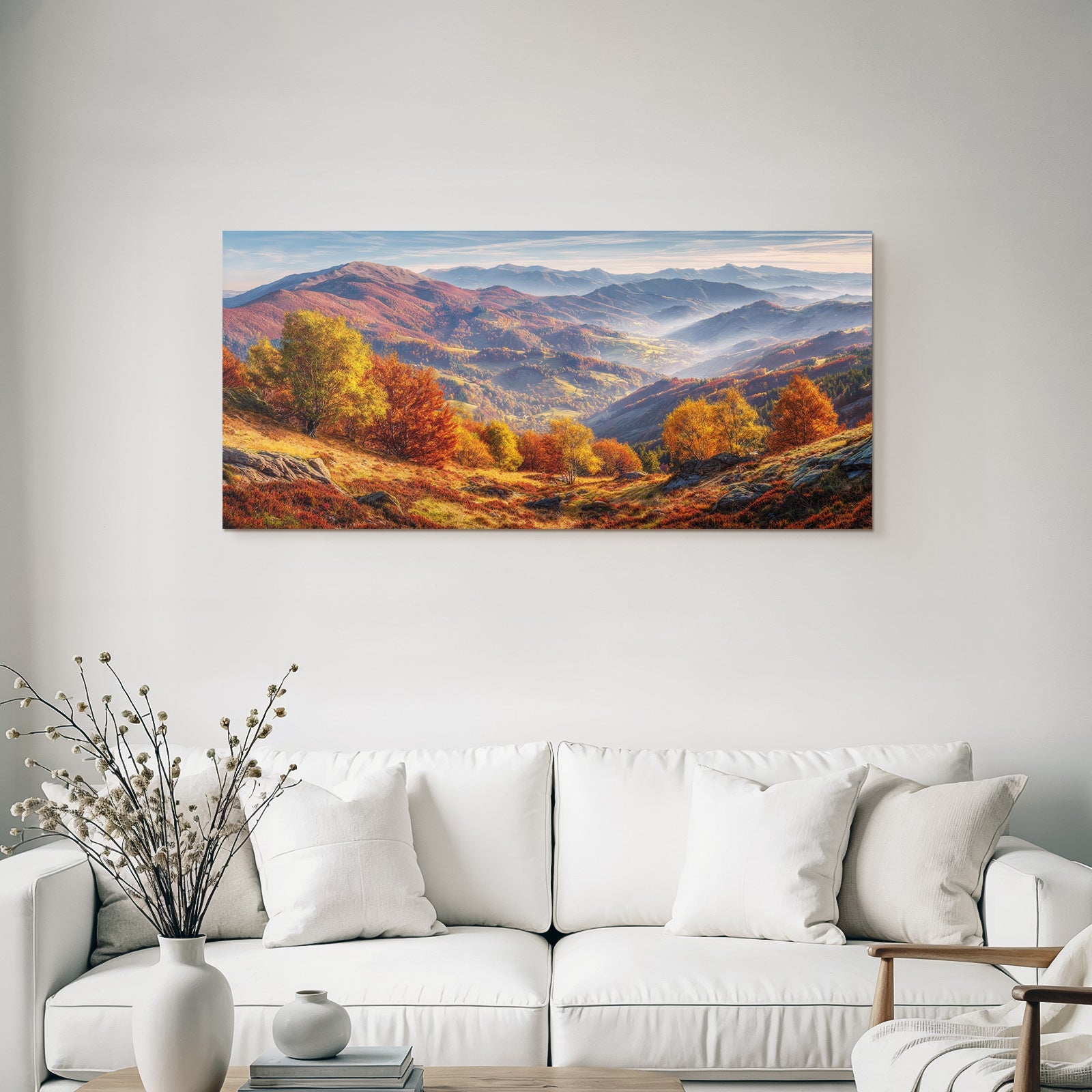 Landschaft Mit Bunten Bäumen Und Nebel In Den Tälern