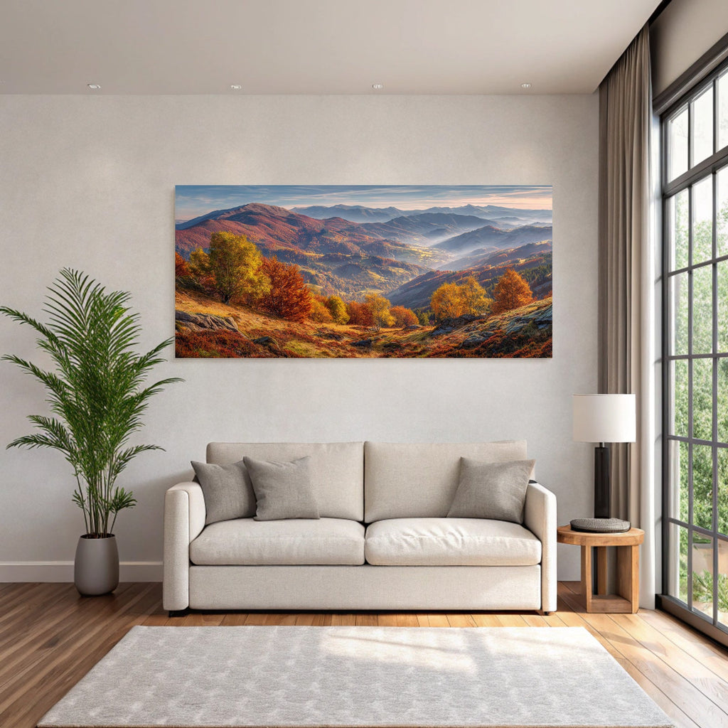 Landschaft Mit Bunten Bäumen Und Nebel In Den Tälern