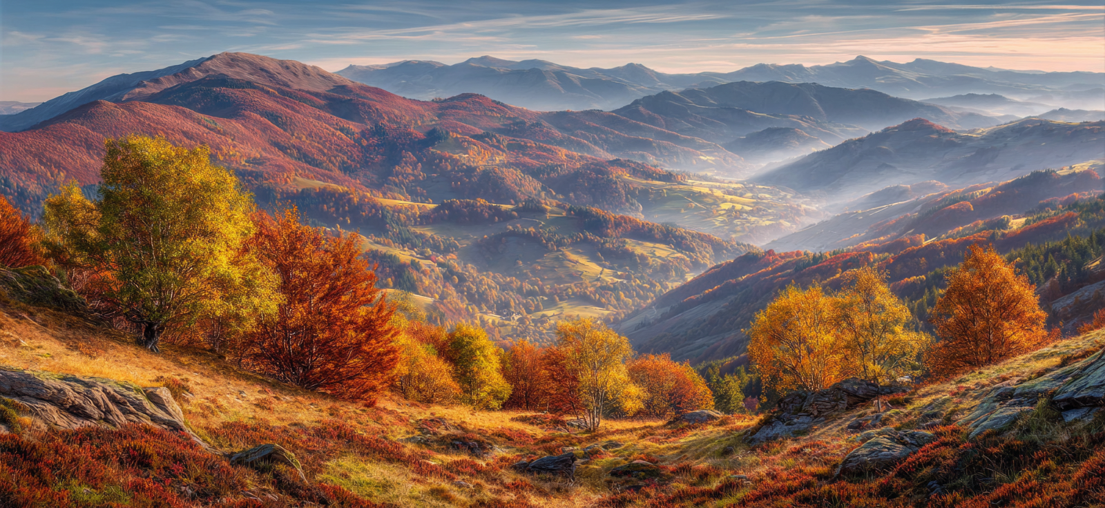 Landschaft Mit Bunten Bäumen Und Nebel In Den Tälern | Herbst | Jahreszeiten