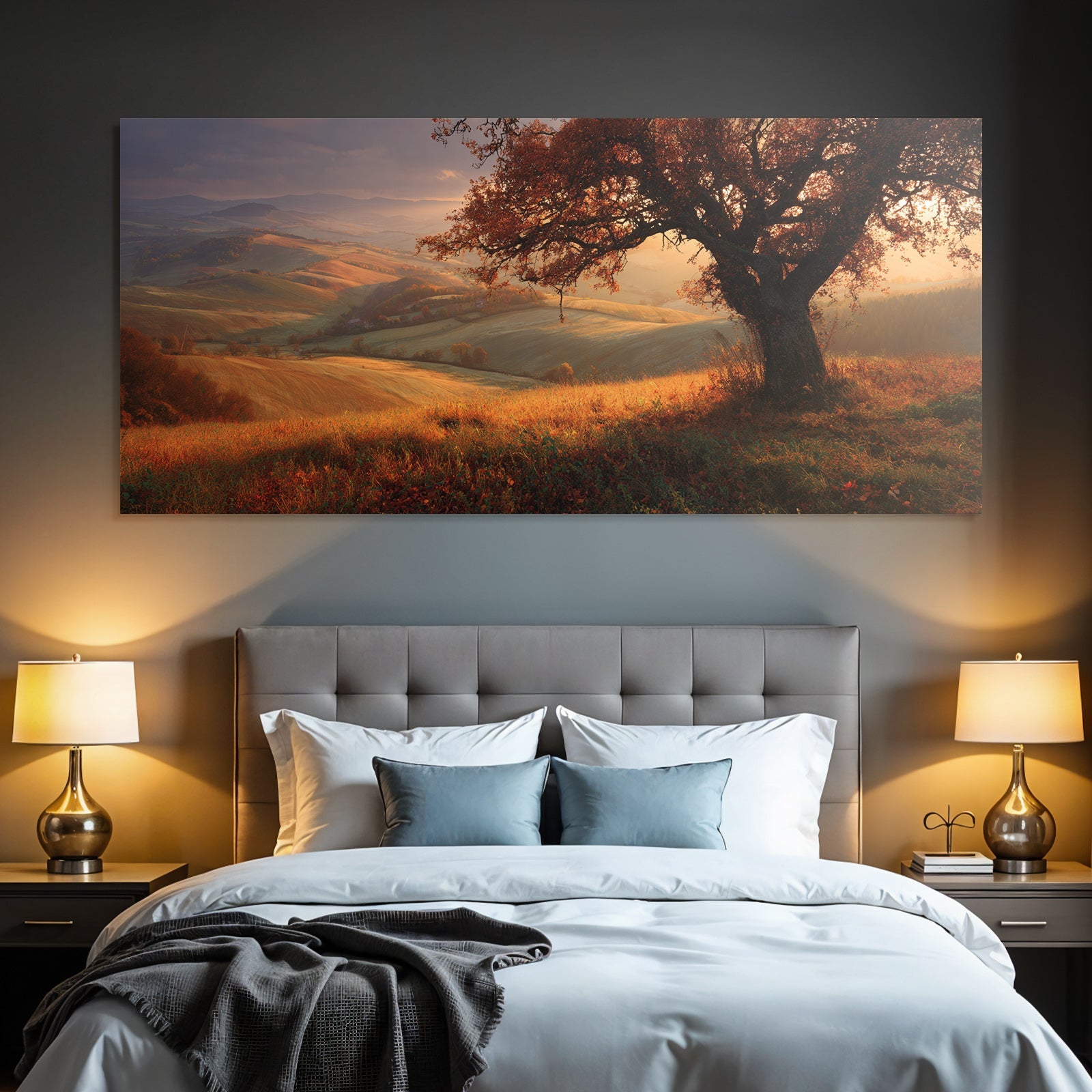 Landschaft Mit Einem Einzeln Baum Und Bunten Blättern