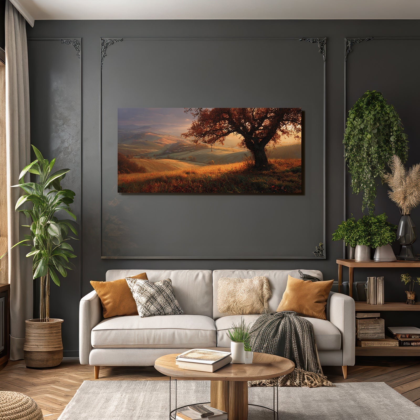 Landschaft Mit Einem Einzeln Baum Und Bunten Blättern