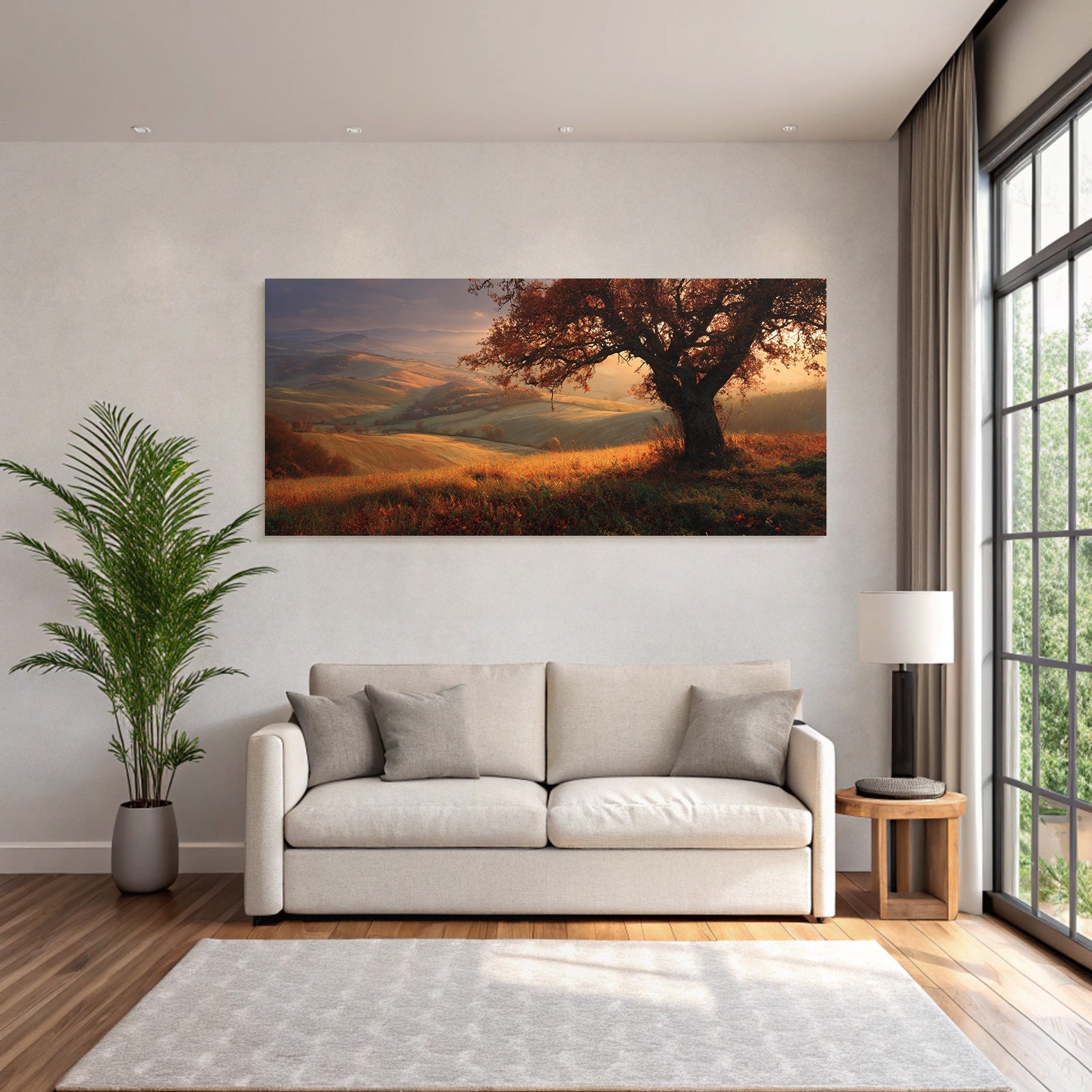 Landschaft Mit Einem Einzeln Baum Und Bunten Blättern