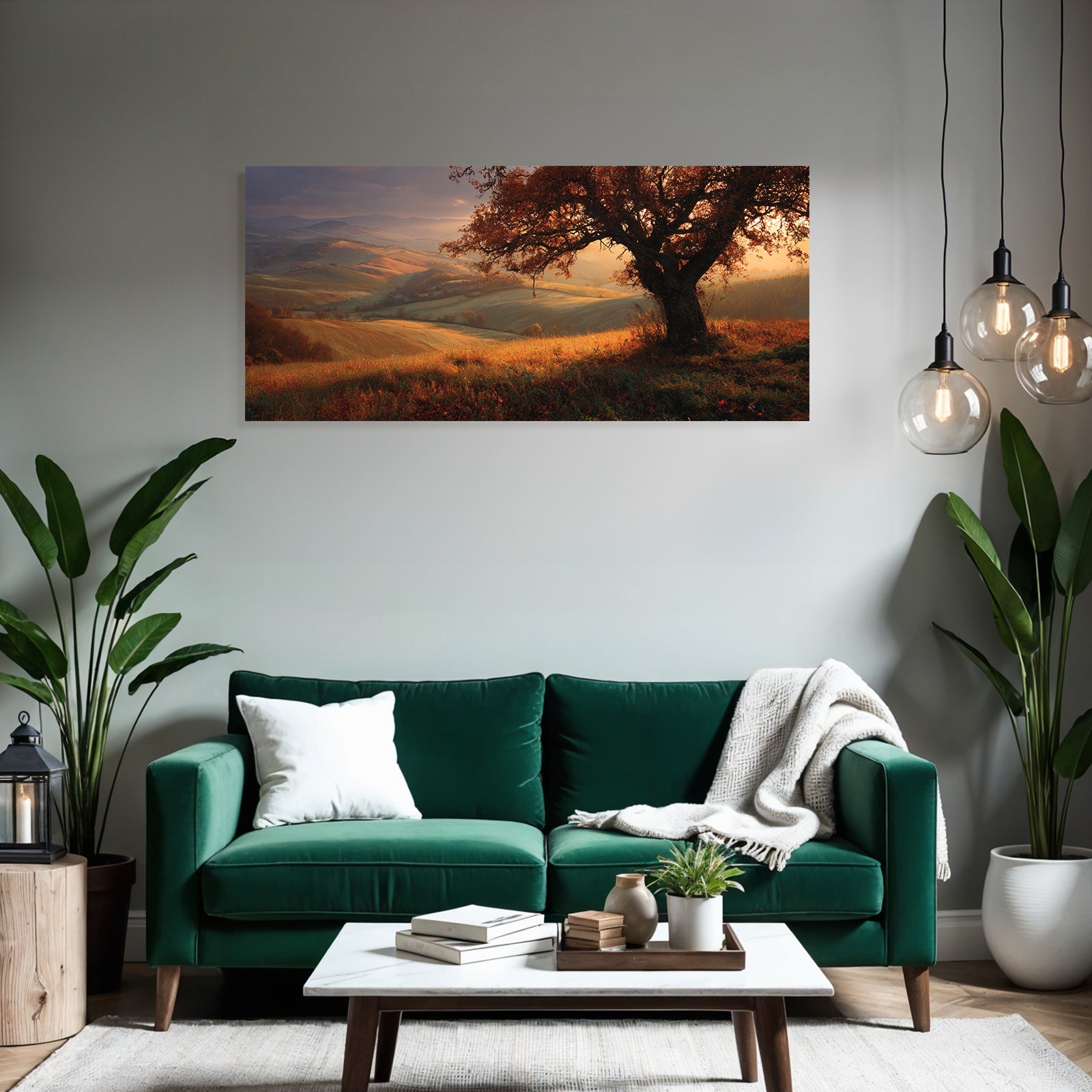 Landschaft Mit Einem Einzeln Baum Und Bunten Blättern
