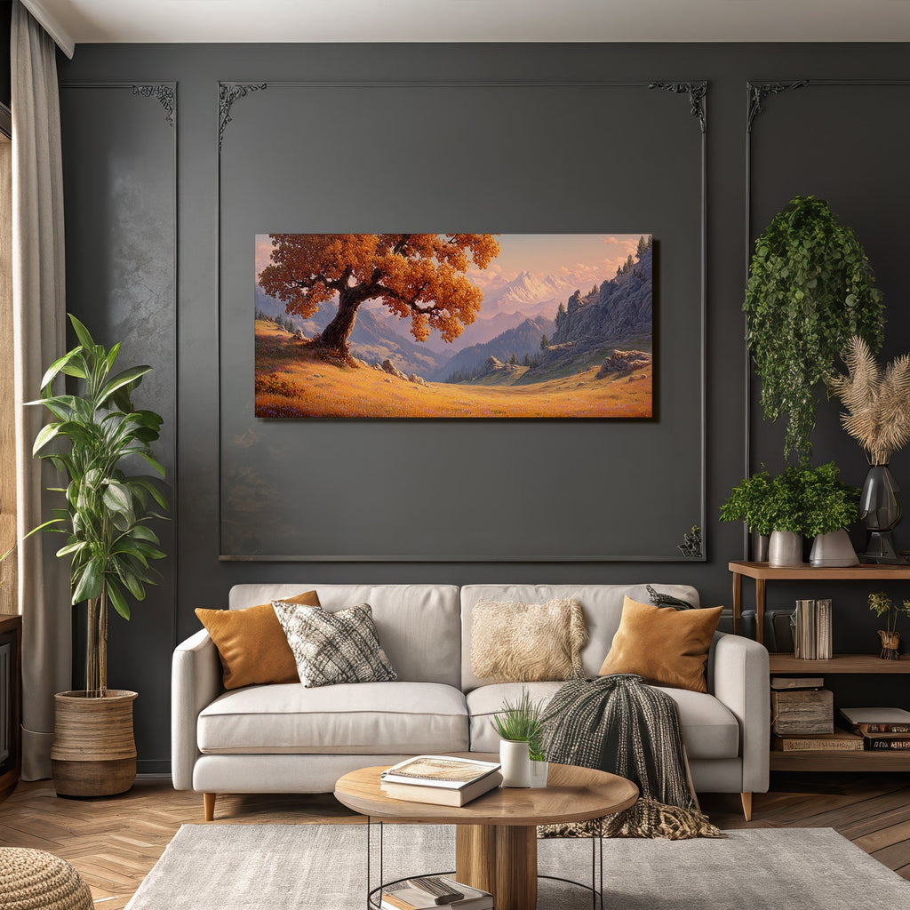 Landschaft Mit Grossem Baum Und Bergen