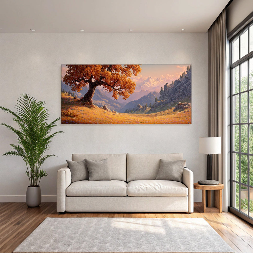 Landschaft Mit Grossem Baum Und Bergen