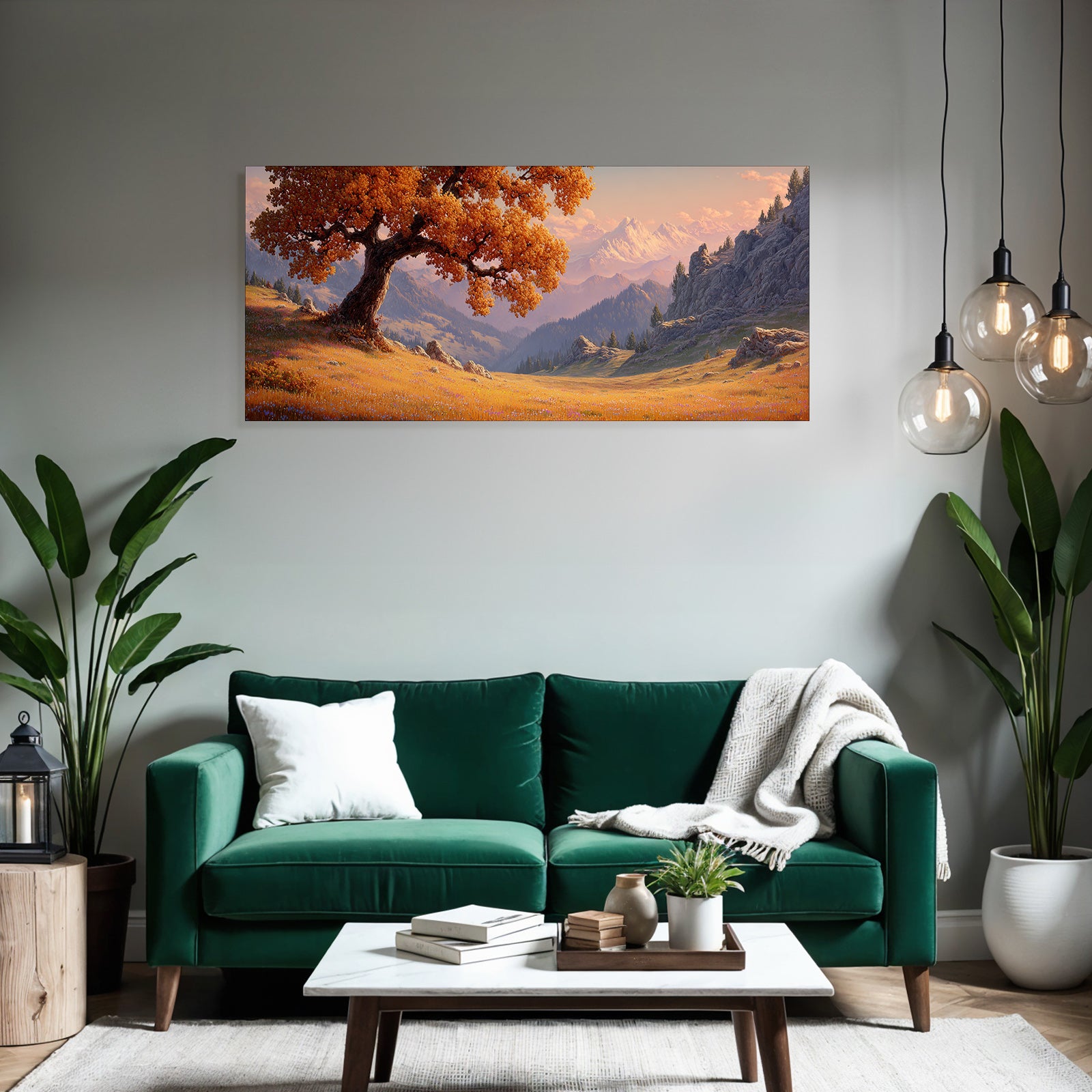 Landschaft Mit Grossem Baum Und Bergen
