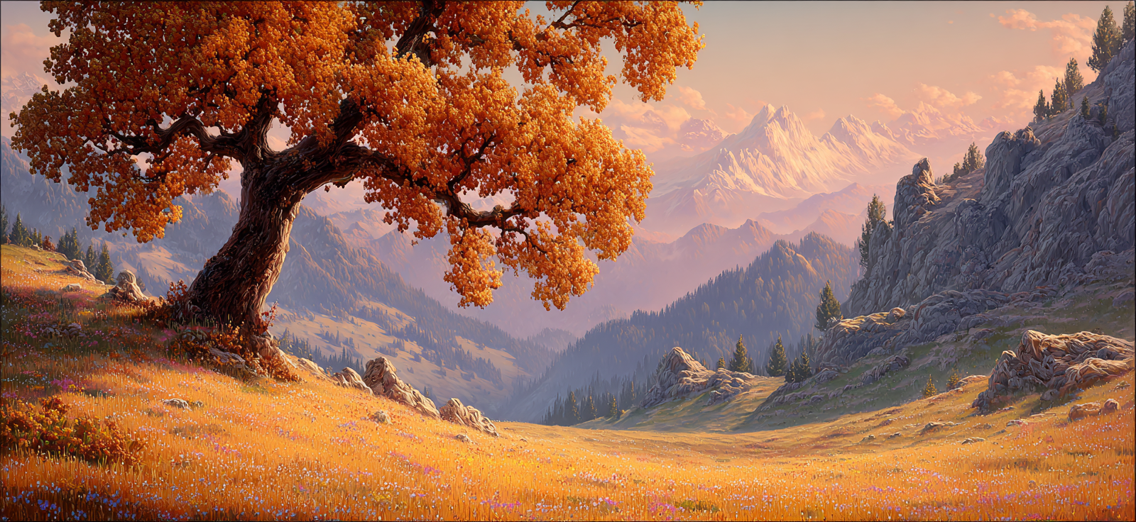 Landschaft Mit Grossem Baum Und Bergen | Herbst | Jahreszeiten