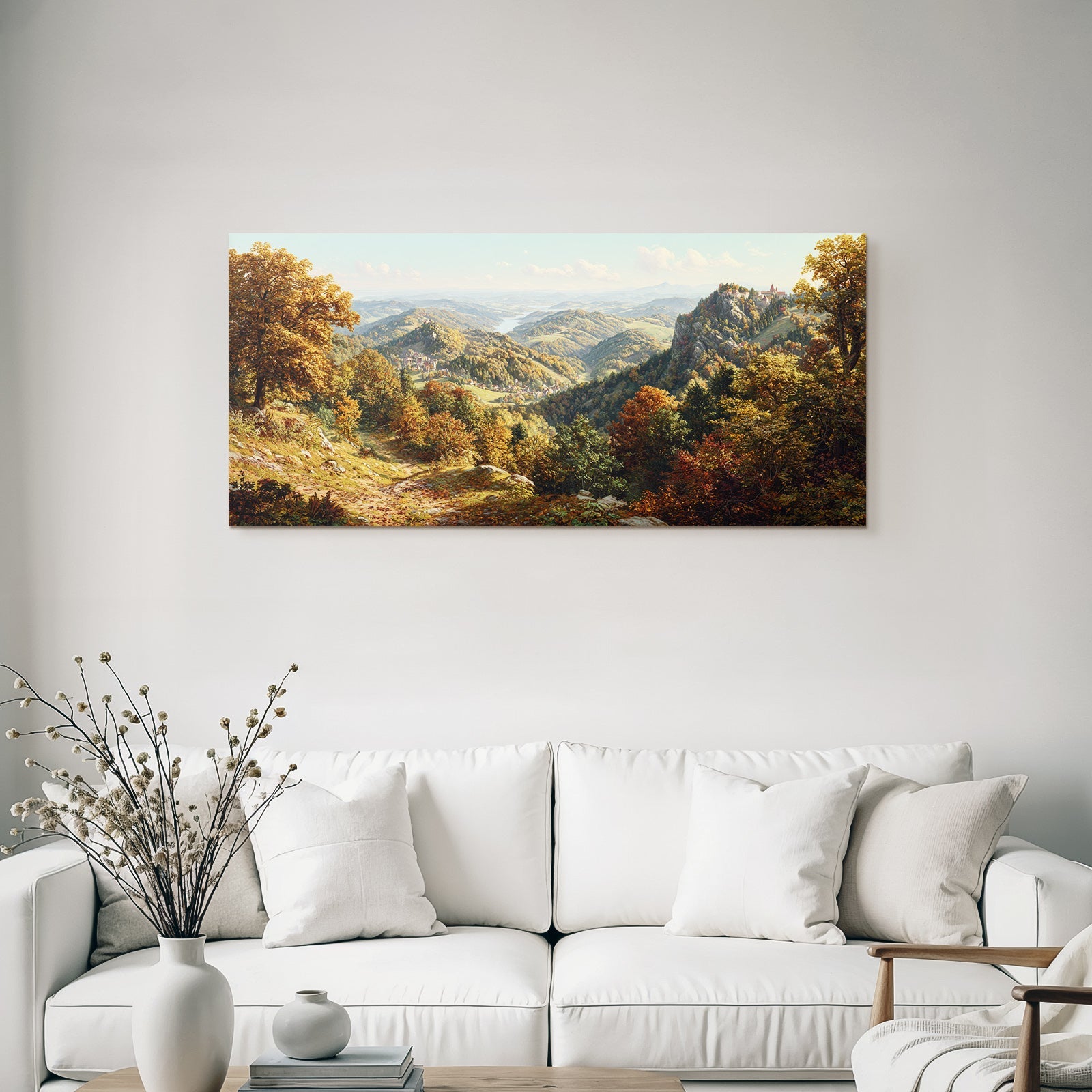 Landschaft Mit Hügeln Und Dorf Mit Schloss
