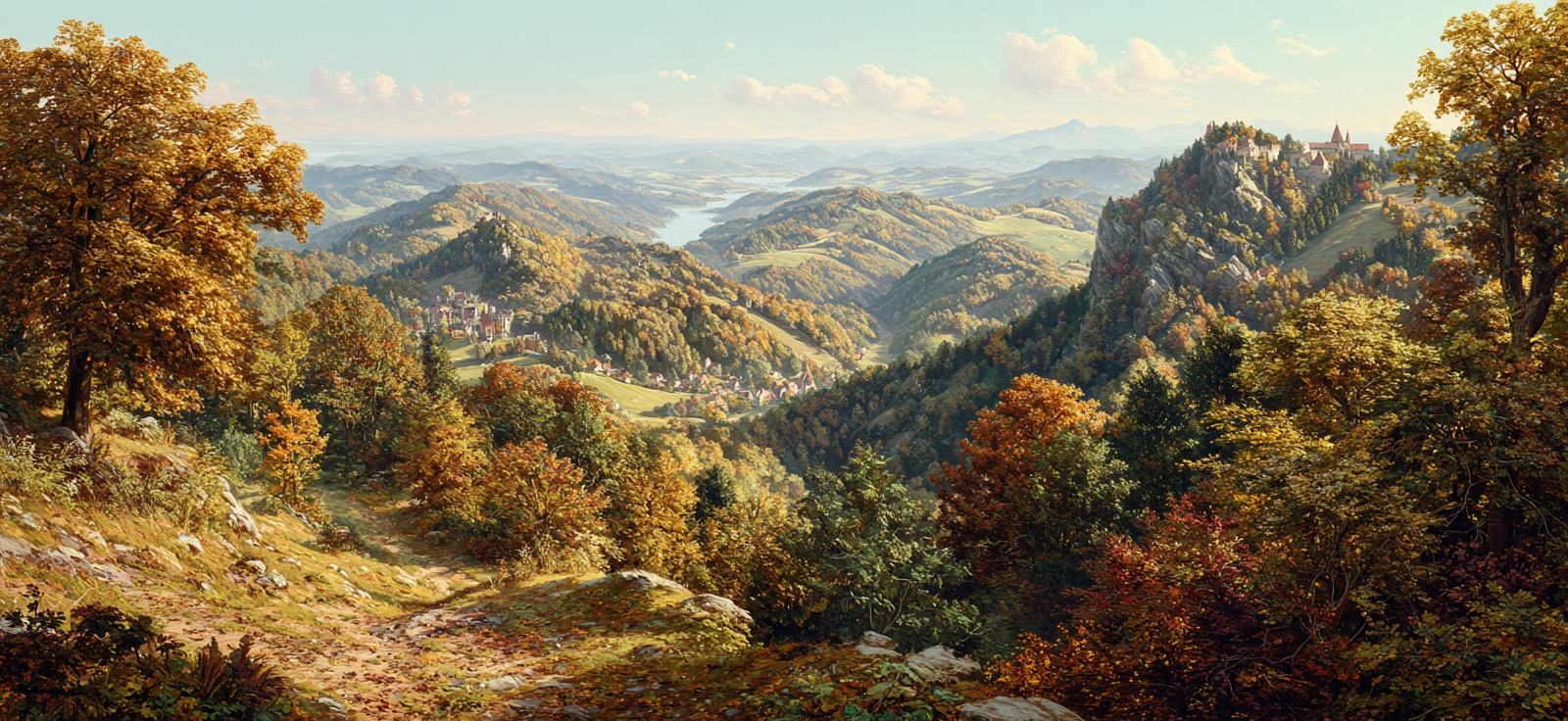 Landschaft Mit Hügeln Und Dorf Mit Schloss | Herbst | Jahreszeiten
