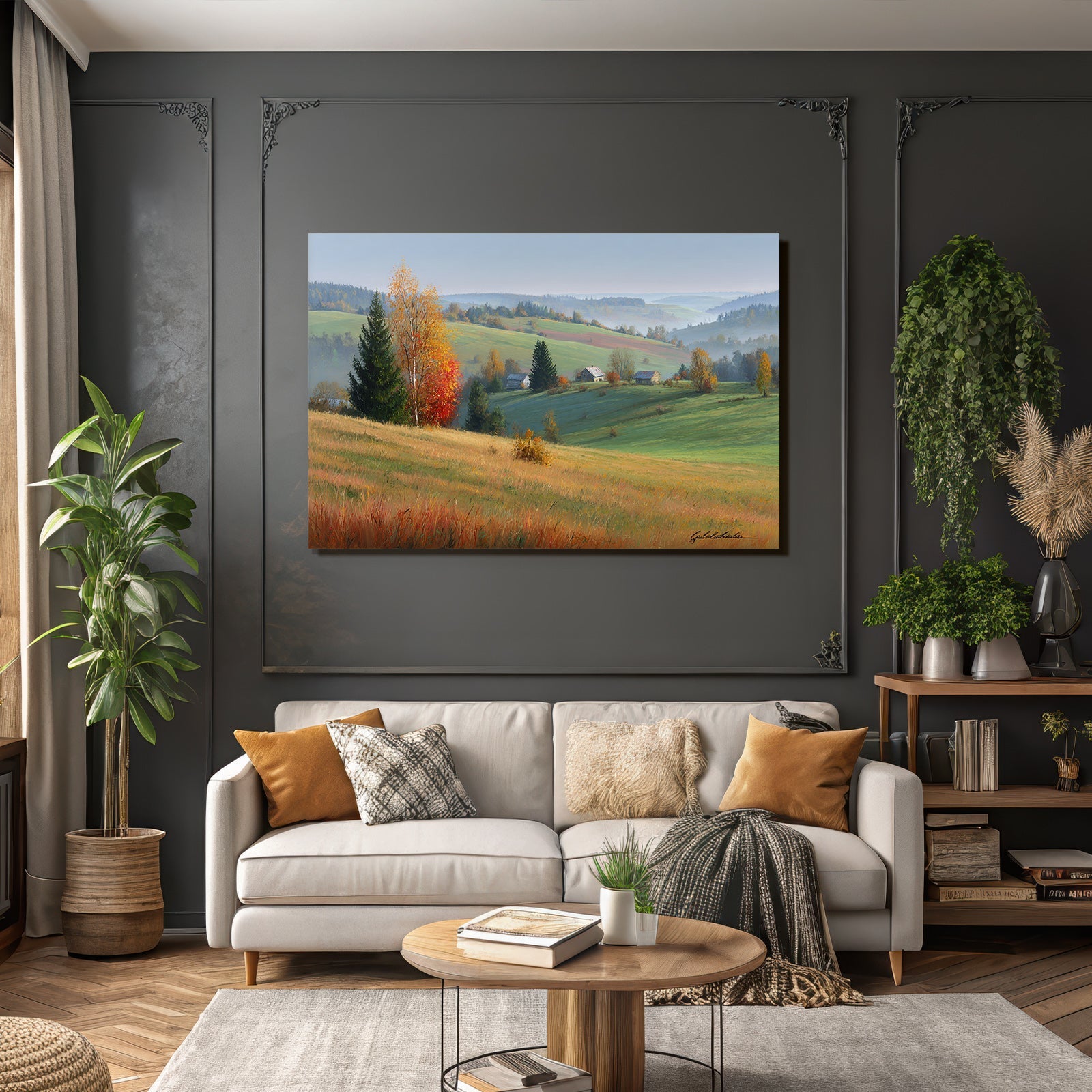 Landschaft Mit Hügeln Und Häusern