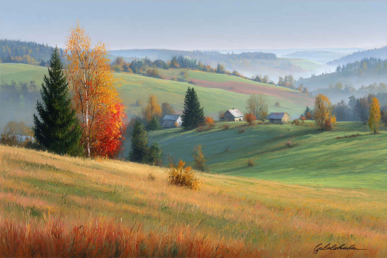 Landschaft Mit Hügeln Und Häusern | Herbst | Jahreszeiten