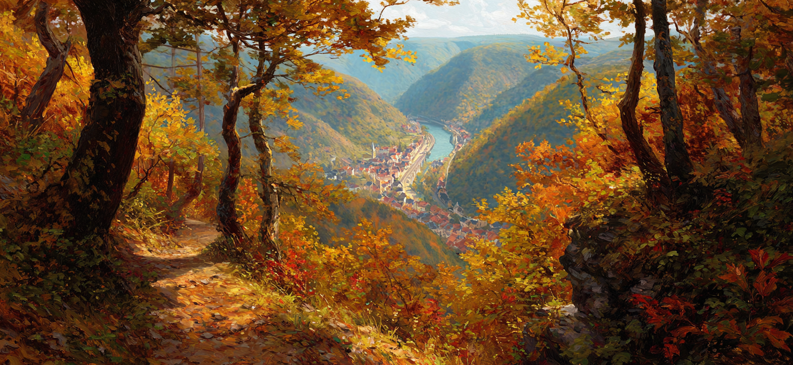 Landschaft Mit Lebhaften Folien Und Einem River Im Tal | Herbst | Jahreszeiten