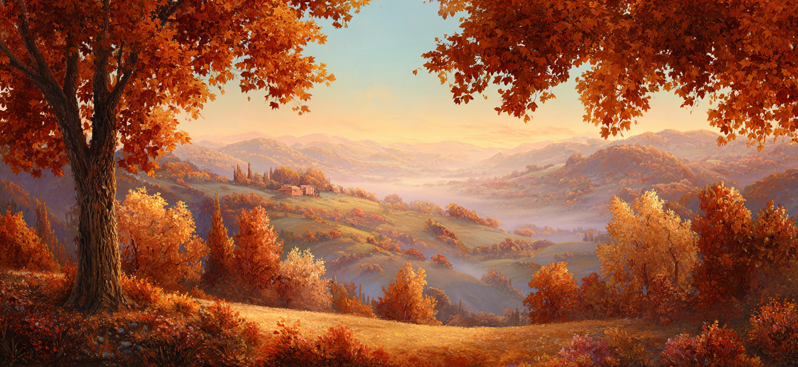 Landschaft Mit Orange Gelben Blättern Und Rollenden Hügeln | Herbst | Jahreszeiten