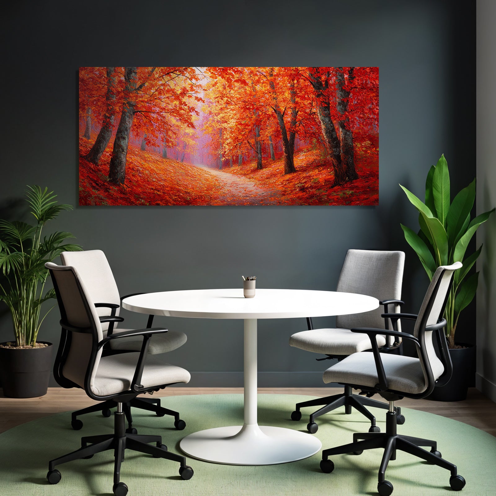 Landschaft Mit Rot Und Orange Belaubten Bäumen Und Nebel
