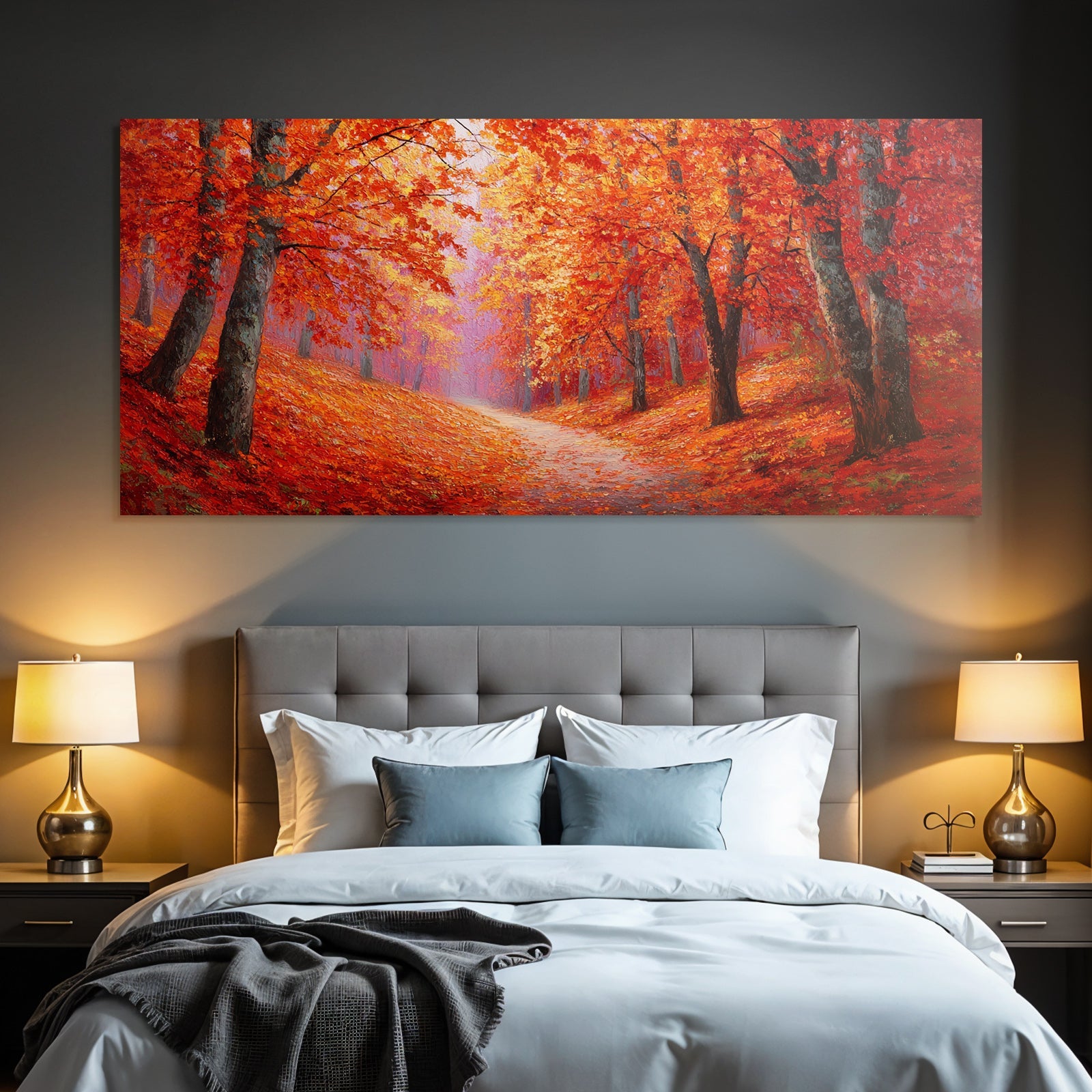 Landschaft Mit Rot Und Orange Belaubten Bäumen Und Nebel