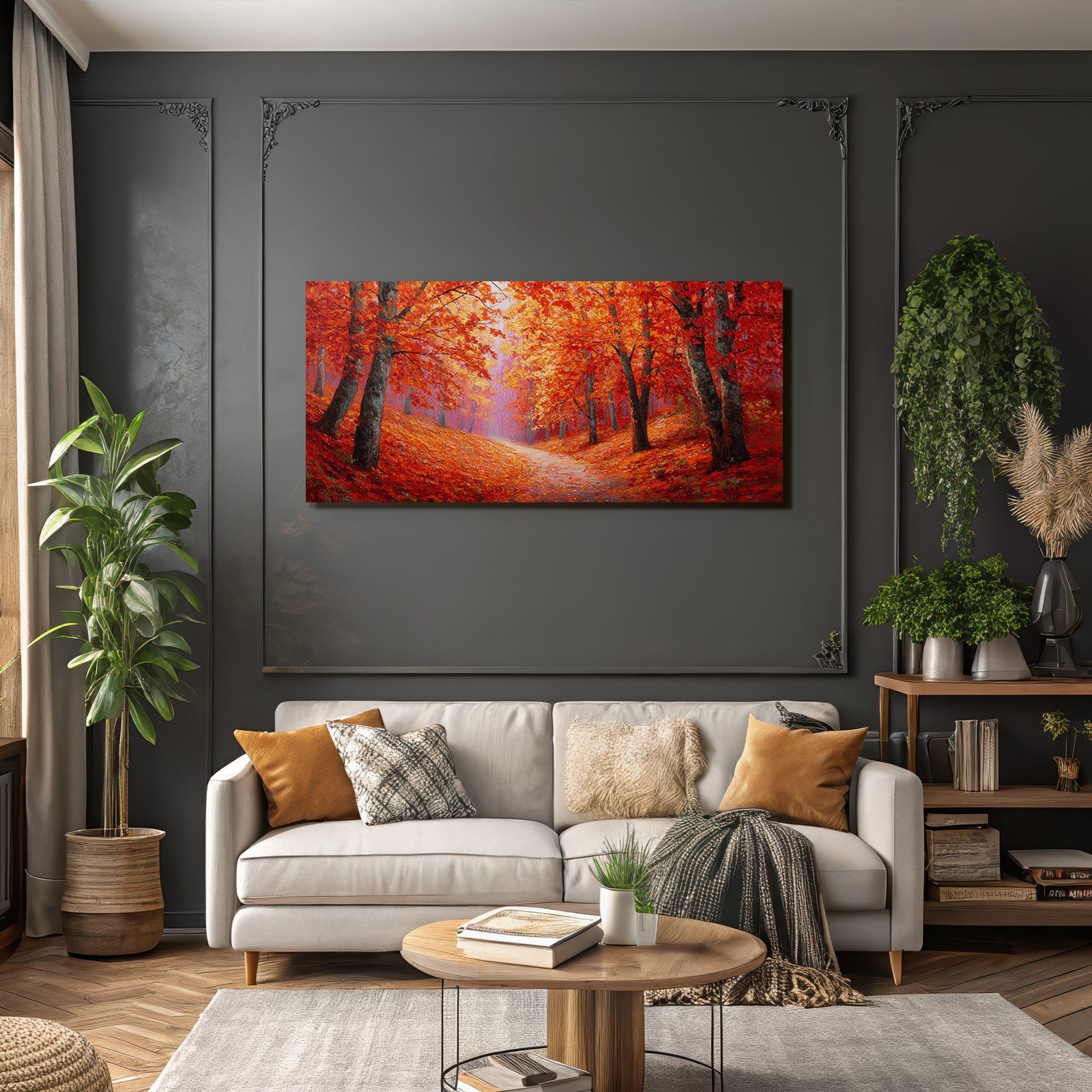 Landschaft Mit Rot Und Orange Belaubten Bäumen Und Nebel