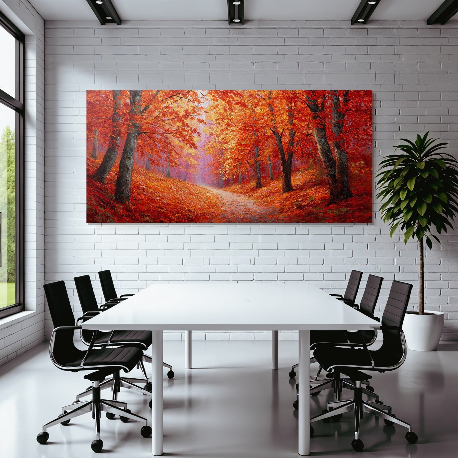Landschaft Mit Rot Und Orange Belaubten Bäumen Und Nebel