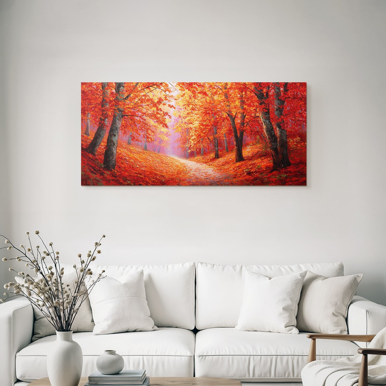 Landschaft Mit Rot Und Orange Belaubten Bäumen Und Nebel