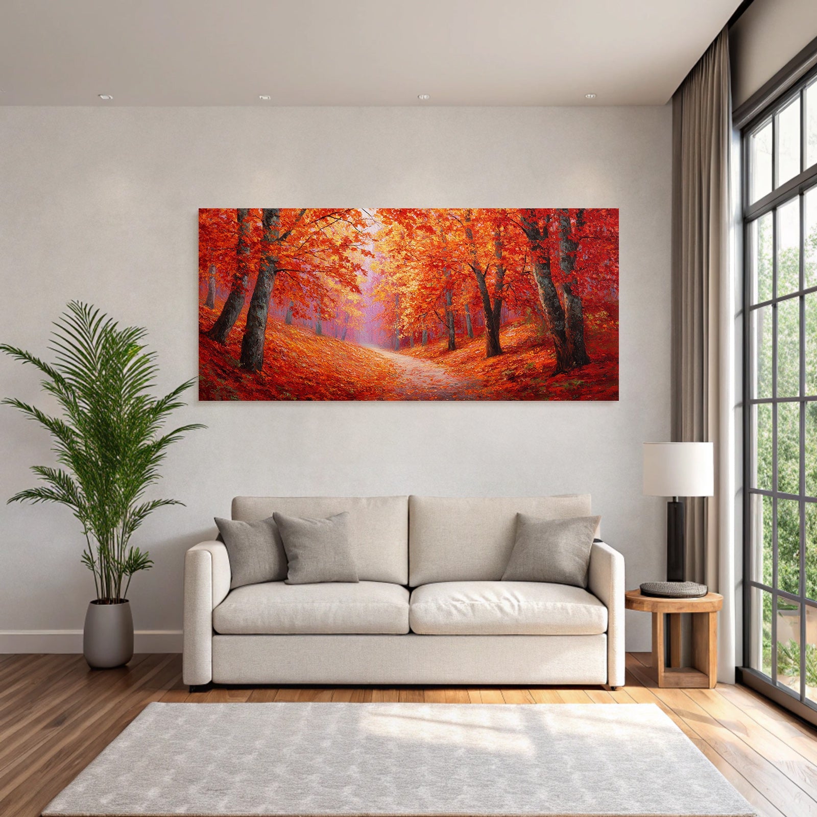Landschaft Mit Rot Und Orange Belaubten Bäumen Und Nebel