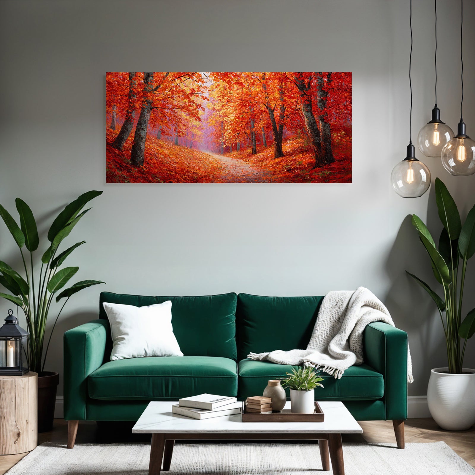 Landschaft Mit Rot Und Orange Belaubten Bäumen Und Nebel