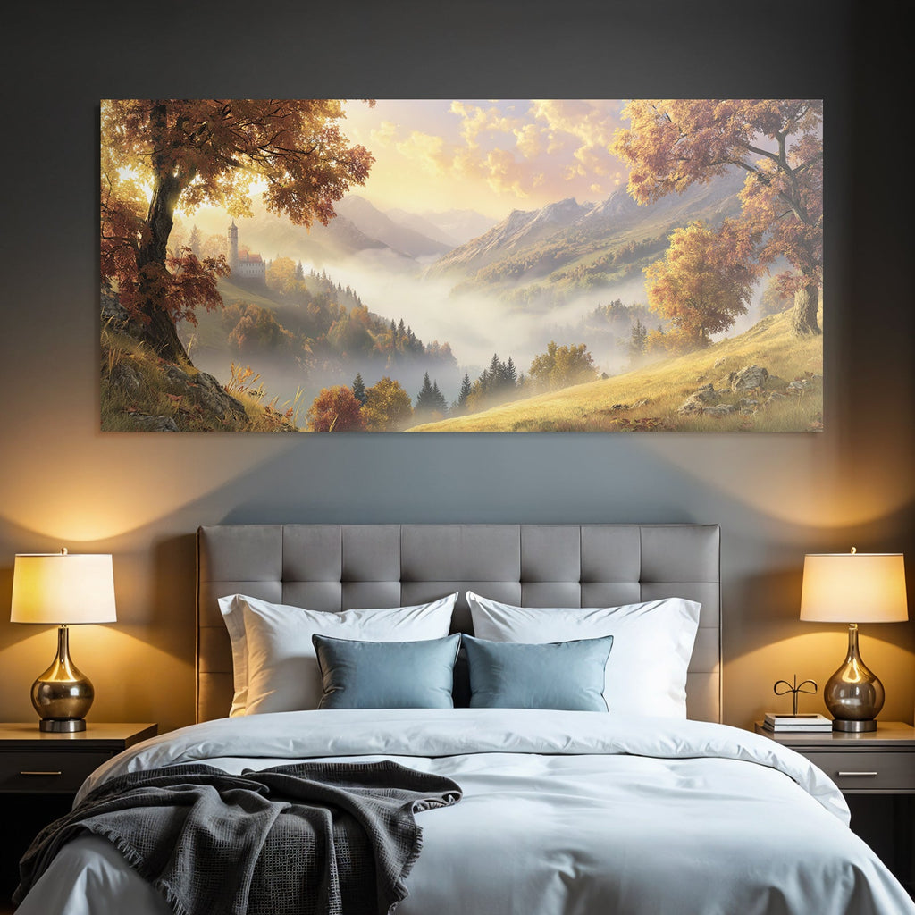 Landschaft Mit Schloss Sanfte Nebel Und Berge