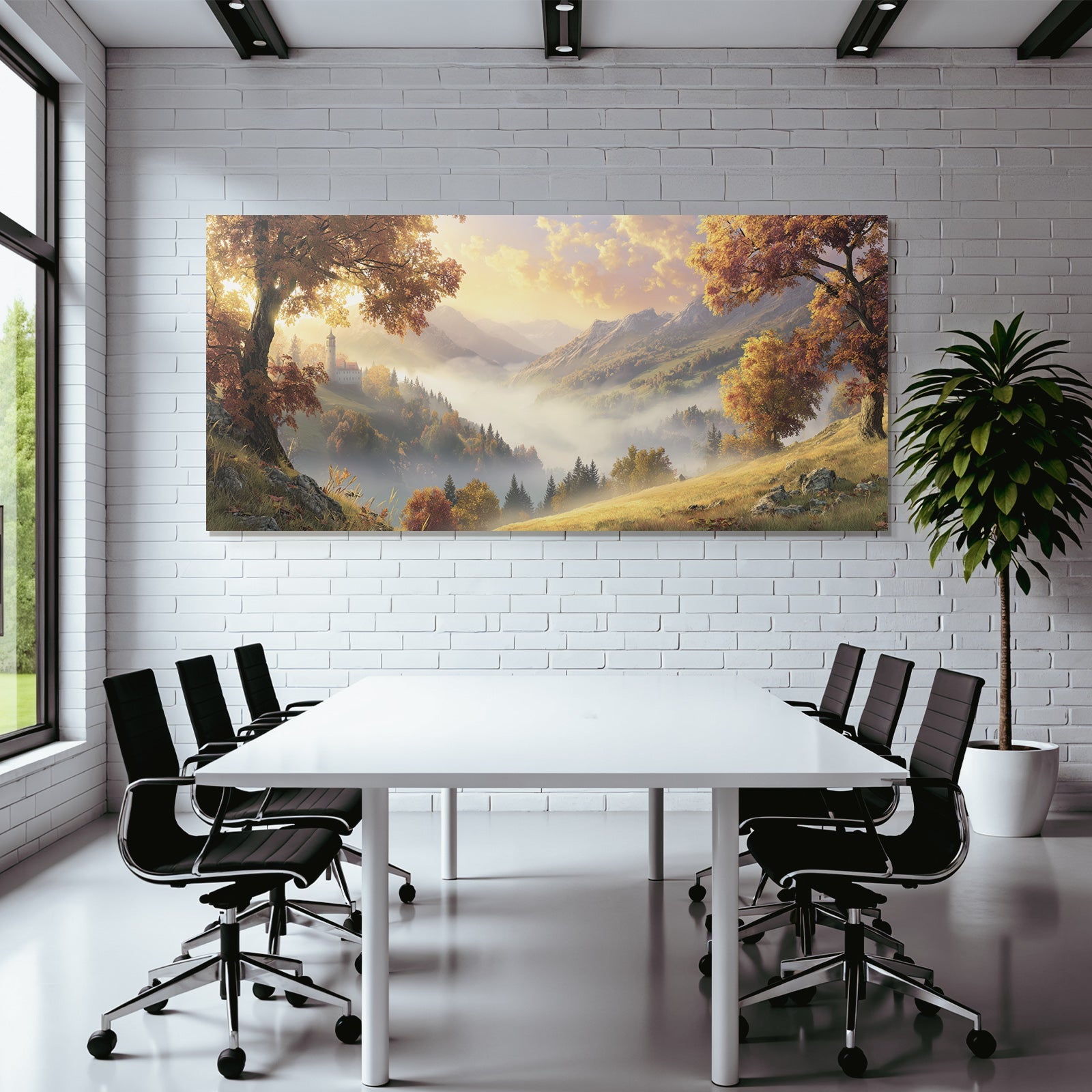 Landschaft Mit Schloss Sanfte Nebel Und Berge