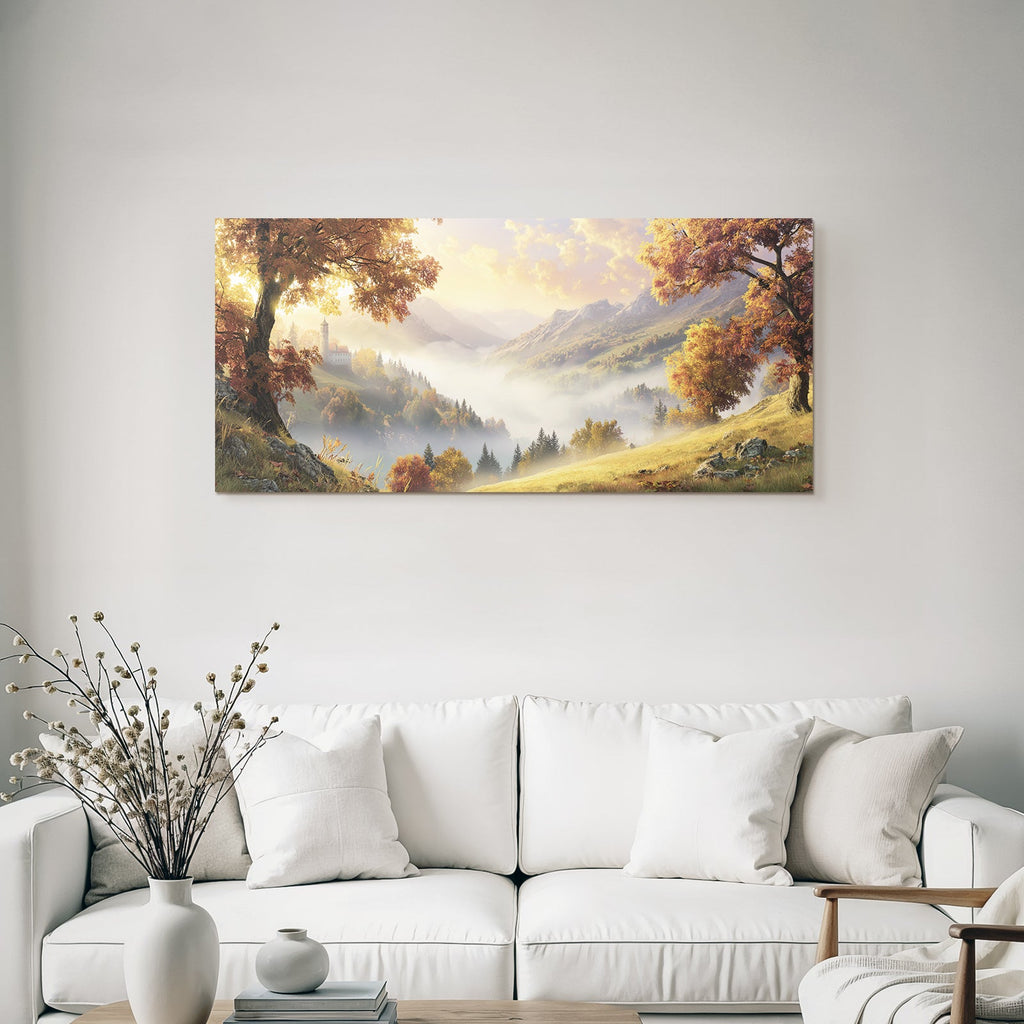 Landschaft Mit Schloss Sanfte Nebel Und Berge