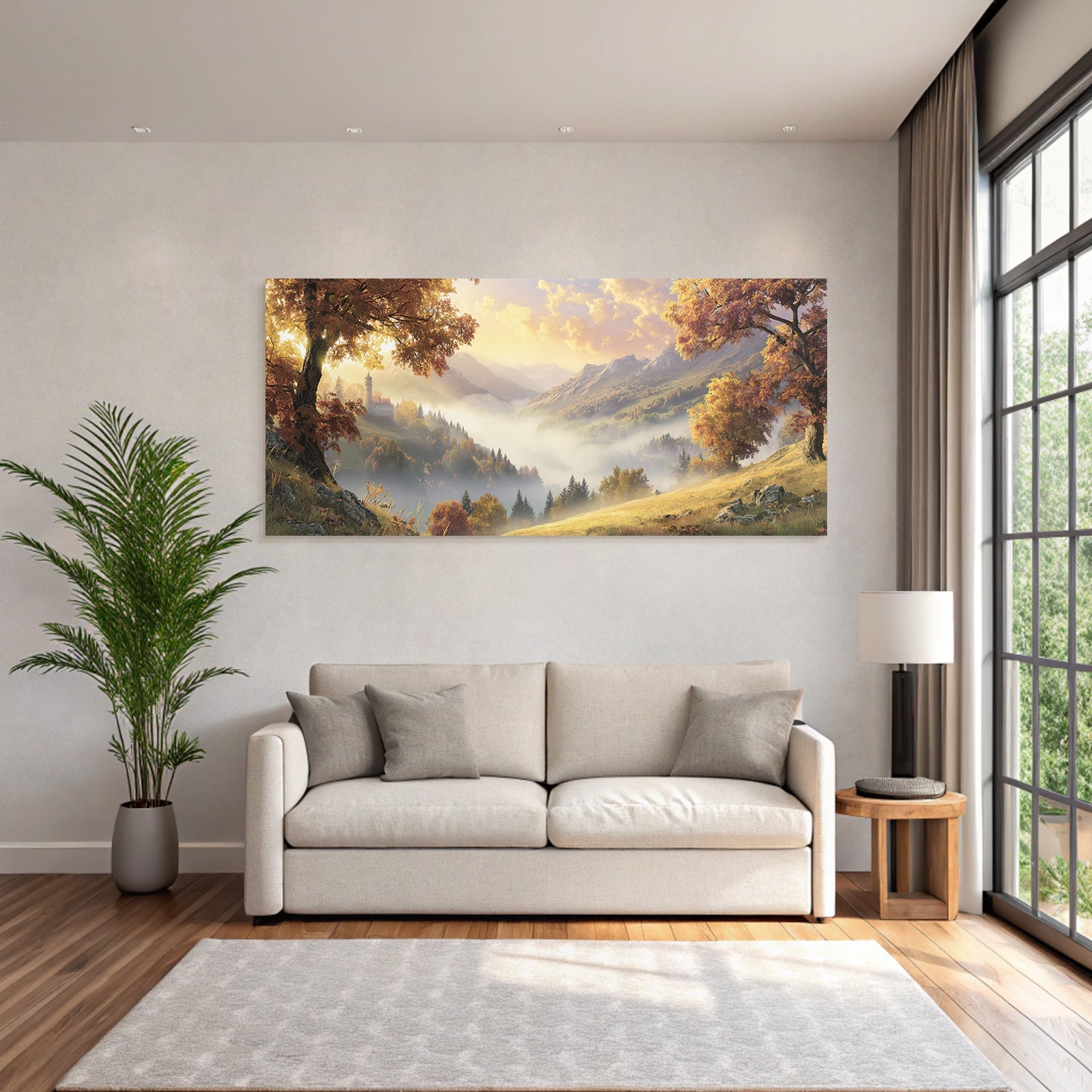 Landschaft Mit Schloss Sanfte Nebel Und Berge