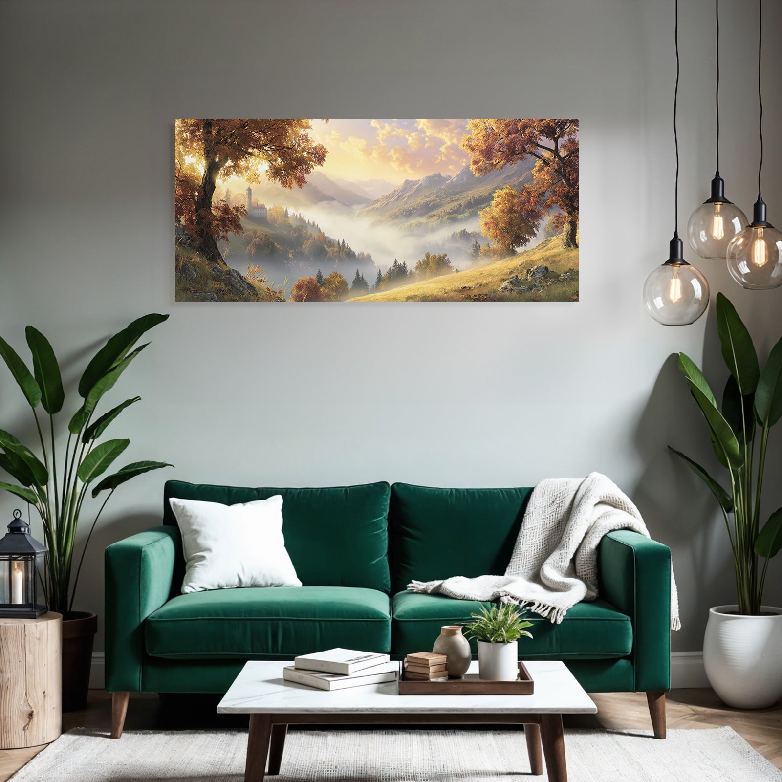 Landschaft Mit Schloss Sanfte Nebel Und Berge