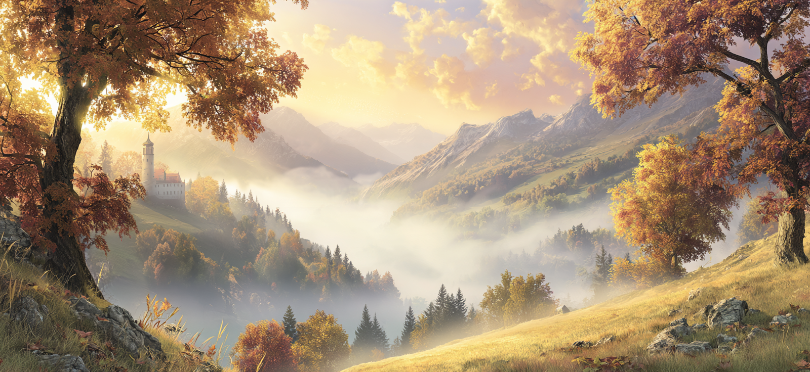 Landschaft Mit Schloss Sanfte Nebel Und Berge | Herbst | Jahreszeiten