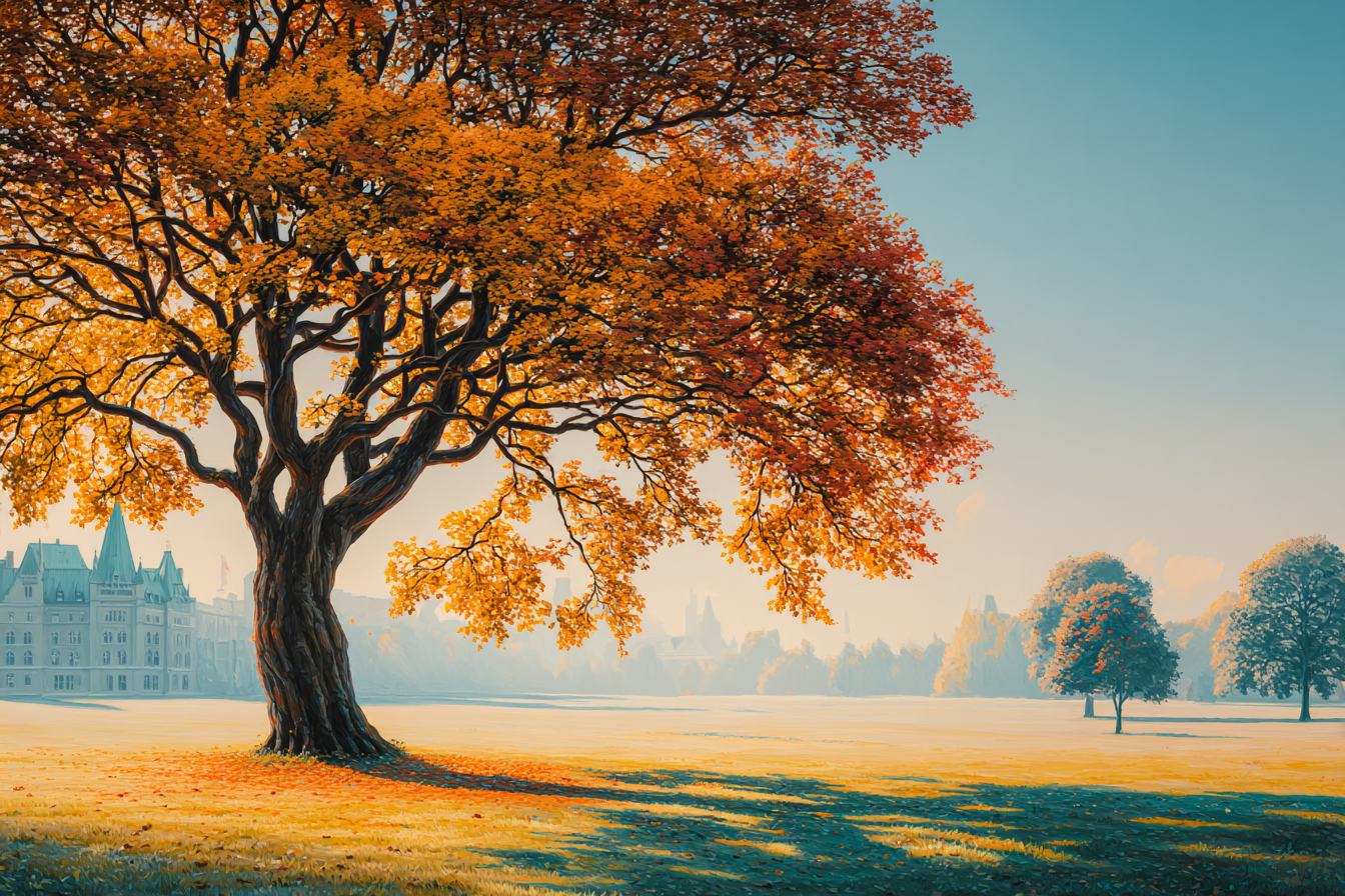 Liche Landschaft Mit Grossem Baum Und Historischem Gebäude | Herbst | Jahreszeiten
