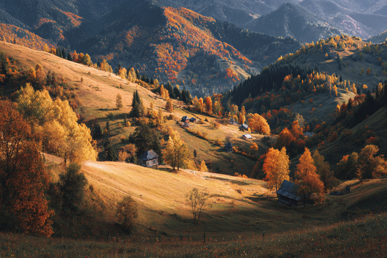 Liche Landschaft Mit Hügeln Und Häusern | Herbst | Jahreszeiten