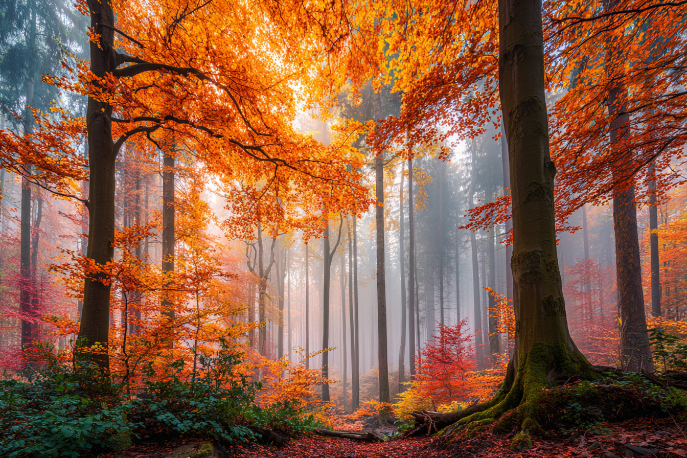 Liche Waldszene Mit Nebel Und Bunten Blättern | Herbst | Jahreszeiten