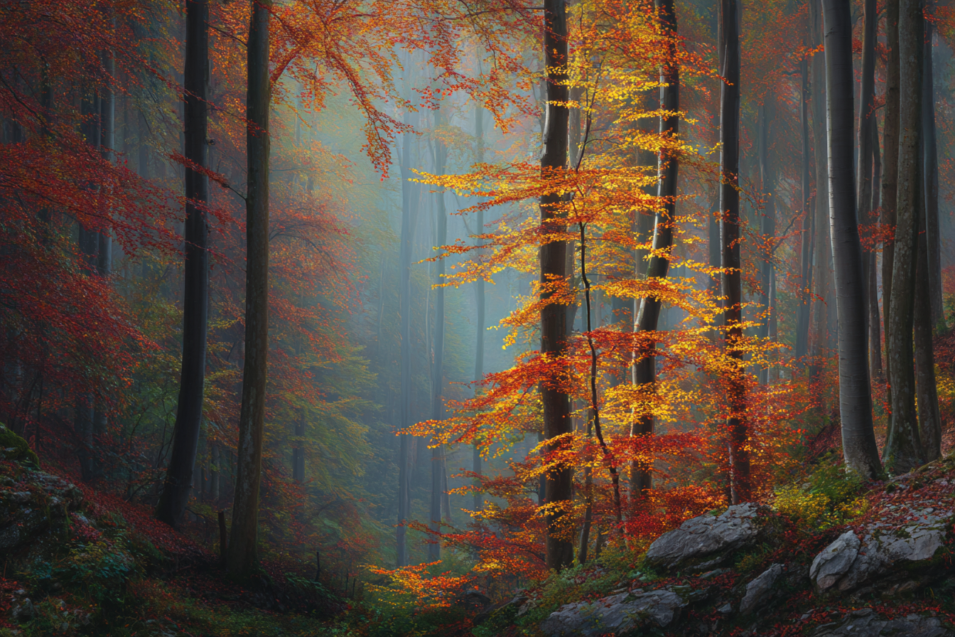 Liche Waldszene Mit Nebel Und Farbenfrohen Blättern | Herbst | Jahreszeiten