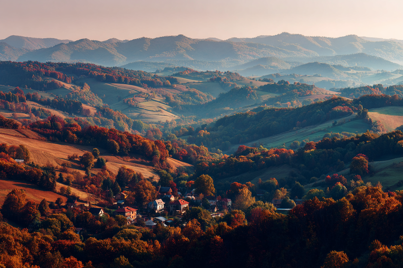 Malerische Landschaft Mit Farben Und Dorf In Hügeln | Herbst | Jahreszeiten