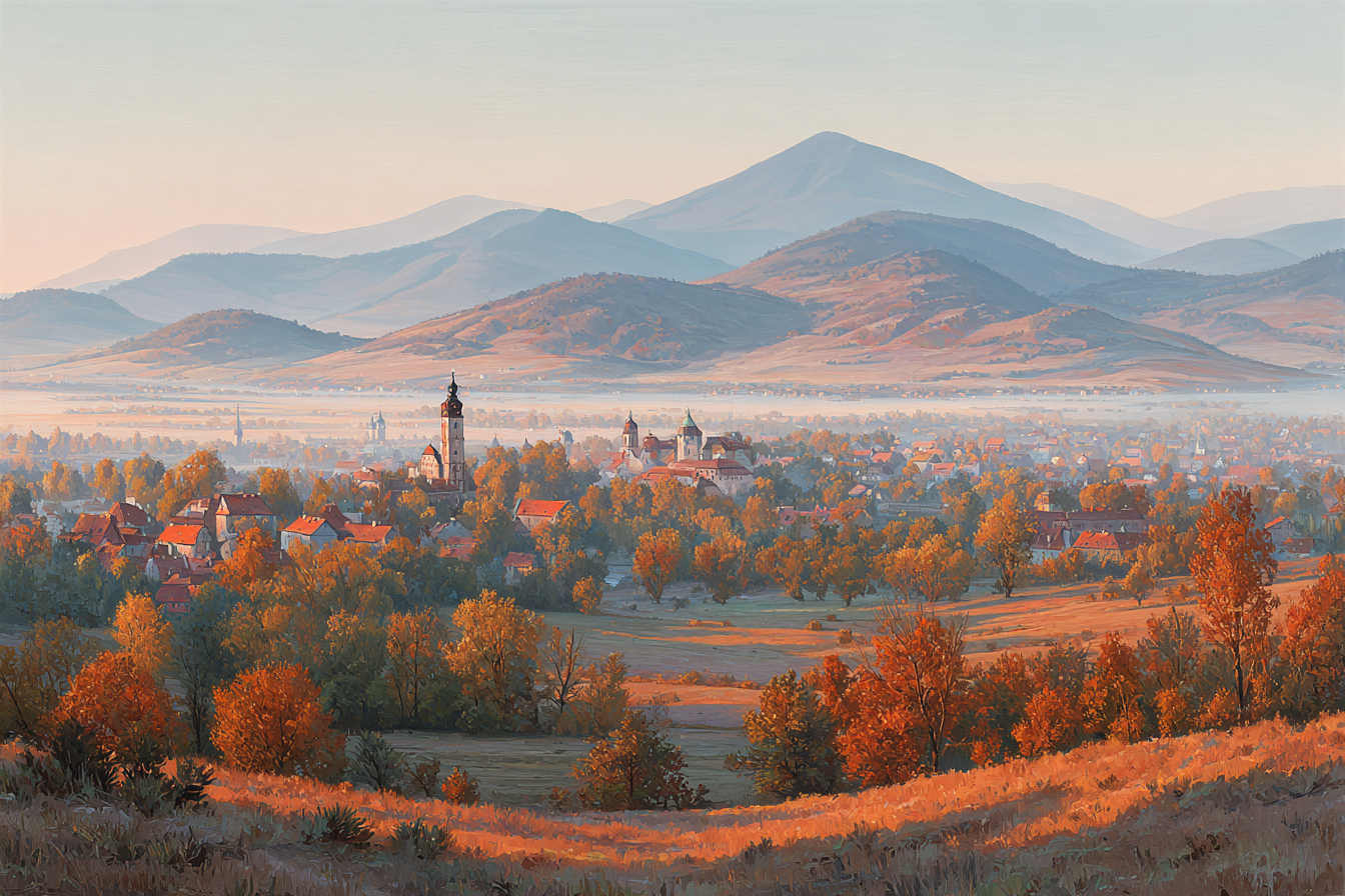 Ruhige Landschaft Dorf Vor Berg Szenen Dawn Dusk | Herbst | Jahreszeiten