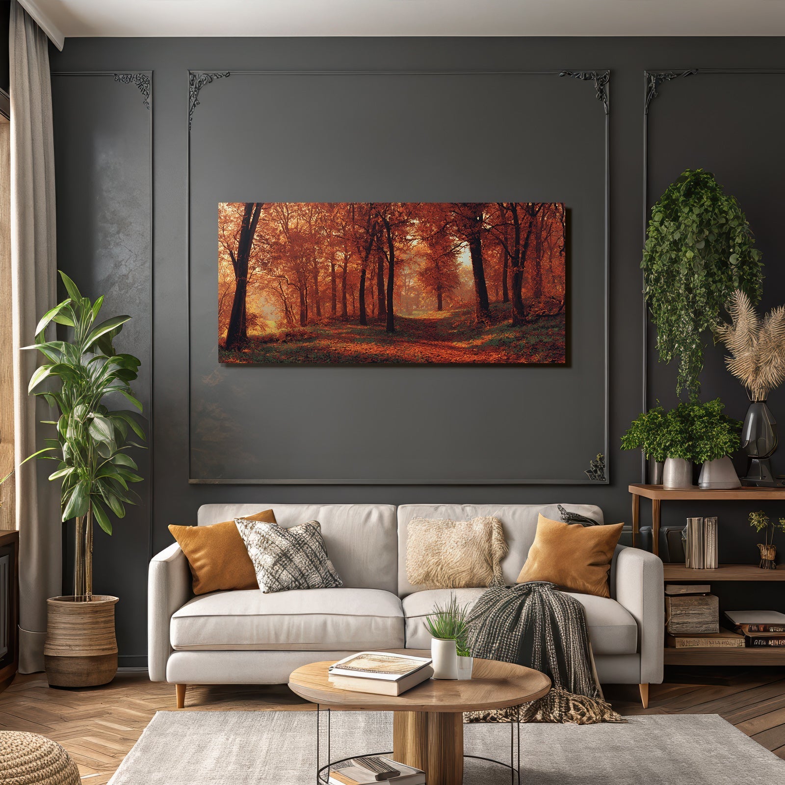 Ruhiger Wald Im Mit Orangen Roten Höhenblättern Optik Natur