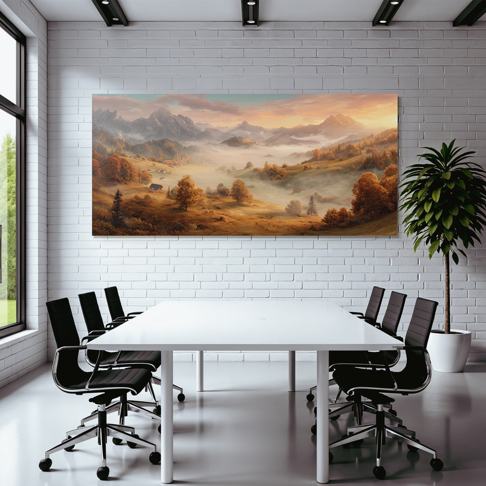 Schöne Landschaft Mit Hügeln Und Bergen Im Sonnenuntergang Mit Nebel Und Farben