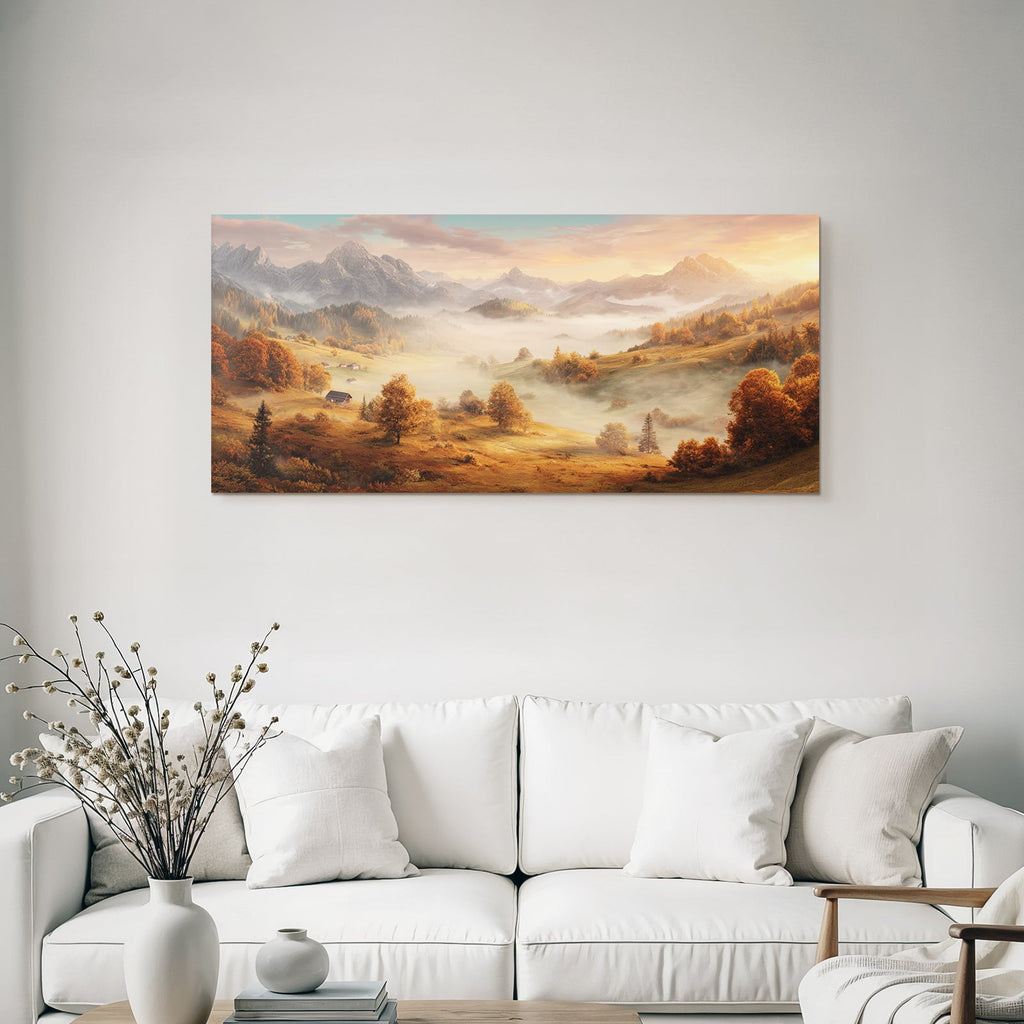 Schöne Landschaft Mit Hügeln Und Bergen Im Sonnenuntergang Mit Nebel Und Farben