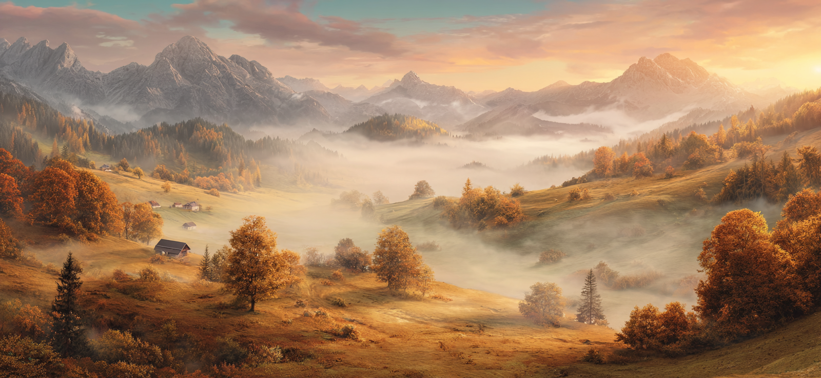 Schöne Landschaft Mit Hügeln Und Bergen Im Sonnenuntergang Mit Nebel Und Farben | Herbst | Jahreszeiten