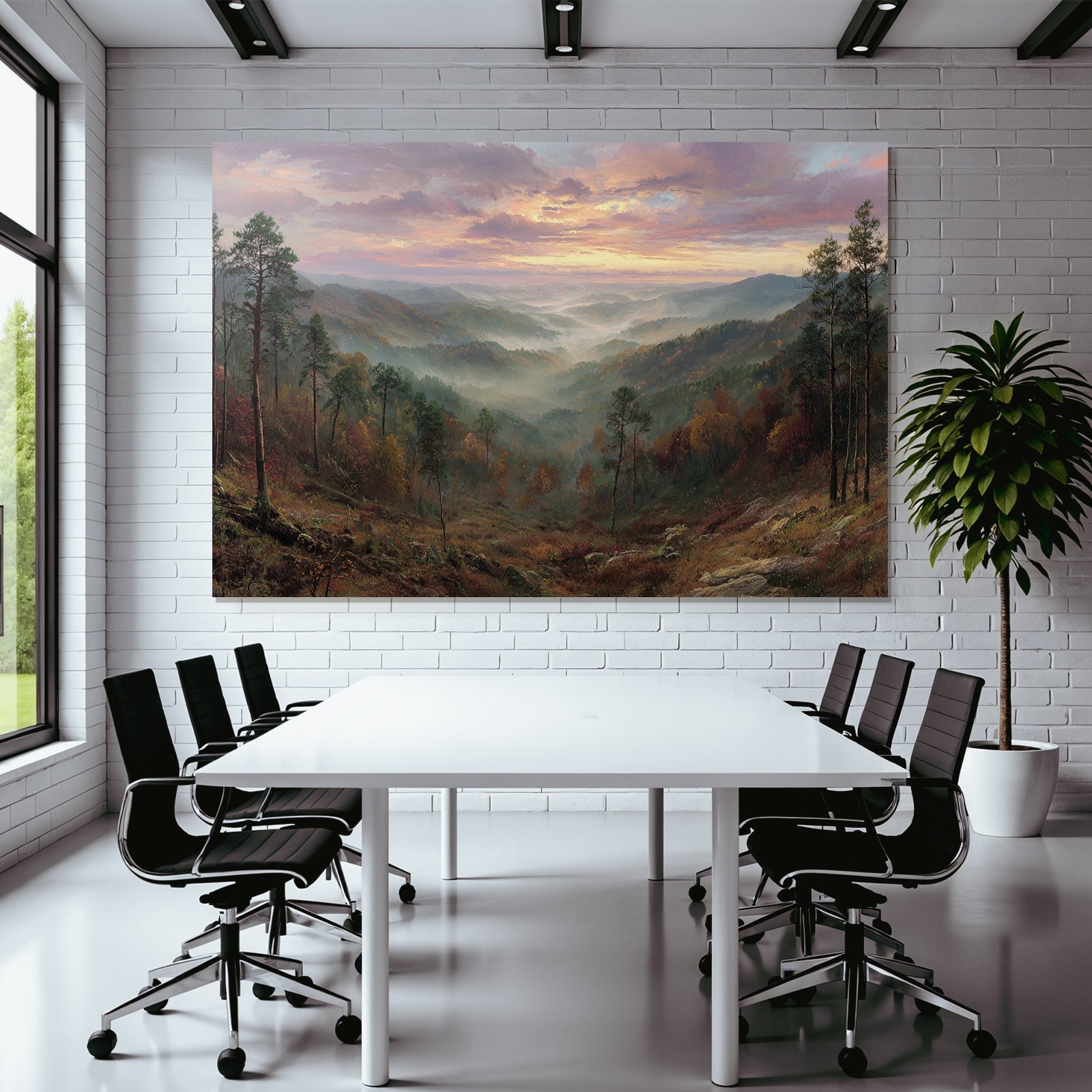 Tal Bei Sonnenuntergang Mit Bäumen Und Nebelbergland