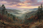 Tal Bei Sonnenuntergang Mit Bäumen Und Nebelbergland | Herbst | Jahreszeiten