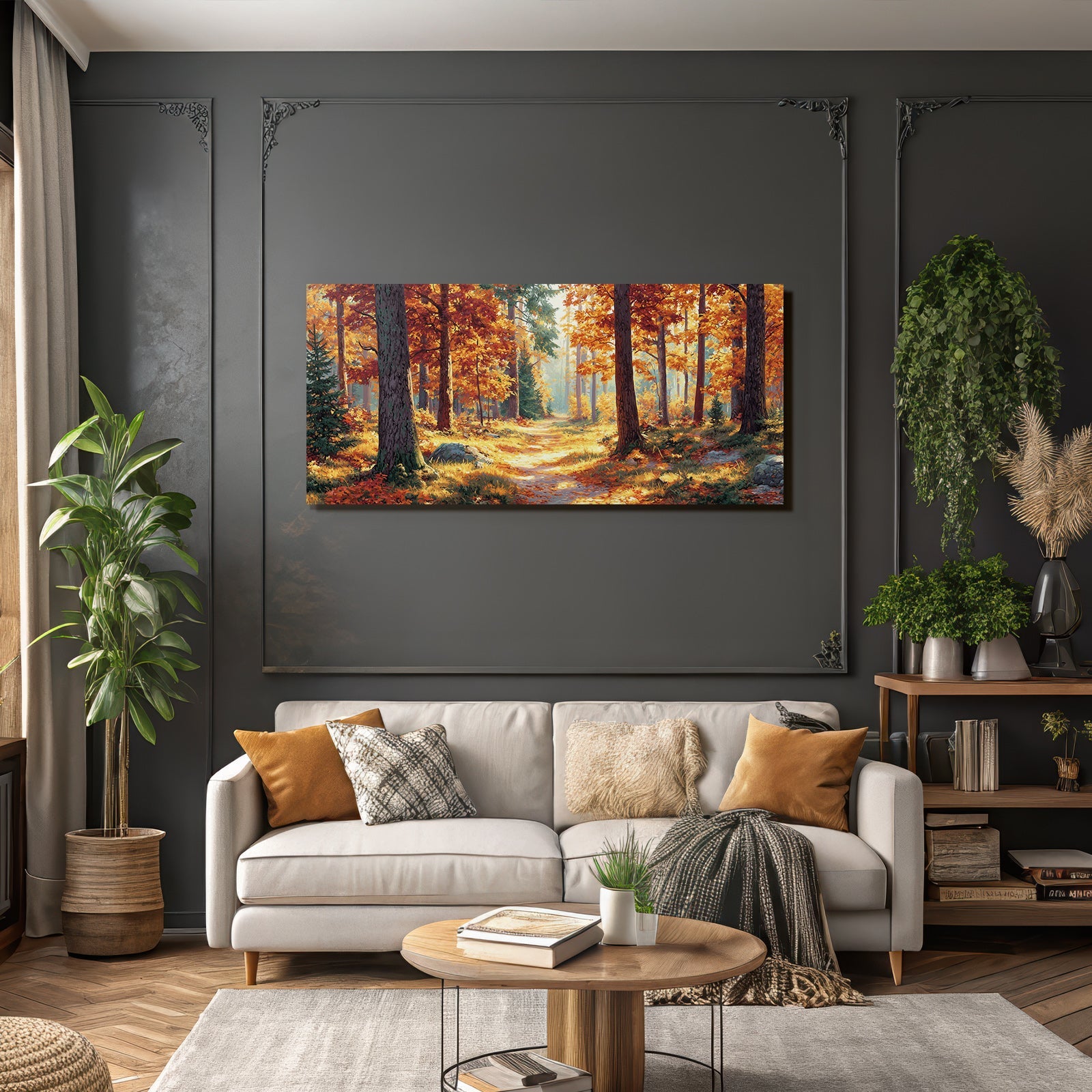 Wald Szene Mit Orangen Und Gelben Blättern Und Einem Windenden Weg